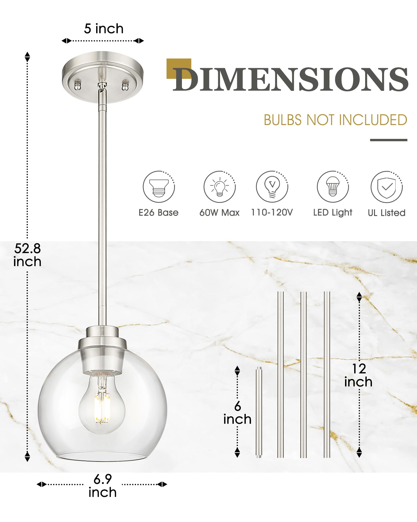 Brass Pendant Lights Kitchen Island 2 Pack, Farmhouse Gold Pendant Light with Clear Glass Globe Shade, Kitchen Island Lighting for Dining Room Entryway, AD-22280-1P2-GD-C