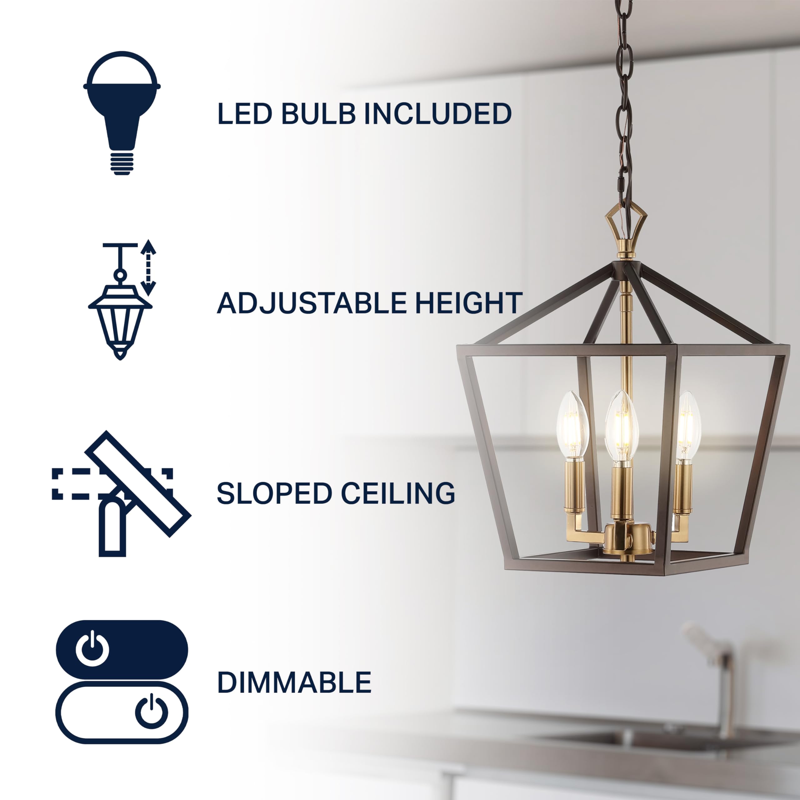 Lantern Dimmable Adjustable Metal LED Pendant Classic Traditional Farmhouse Dining Room Living Room Kitchen Foyer Bedroom Hallway, 10 in, Antique Gold