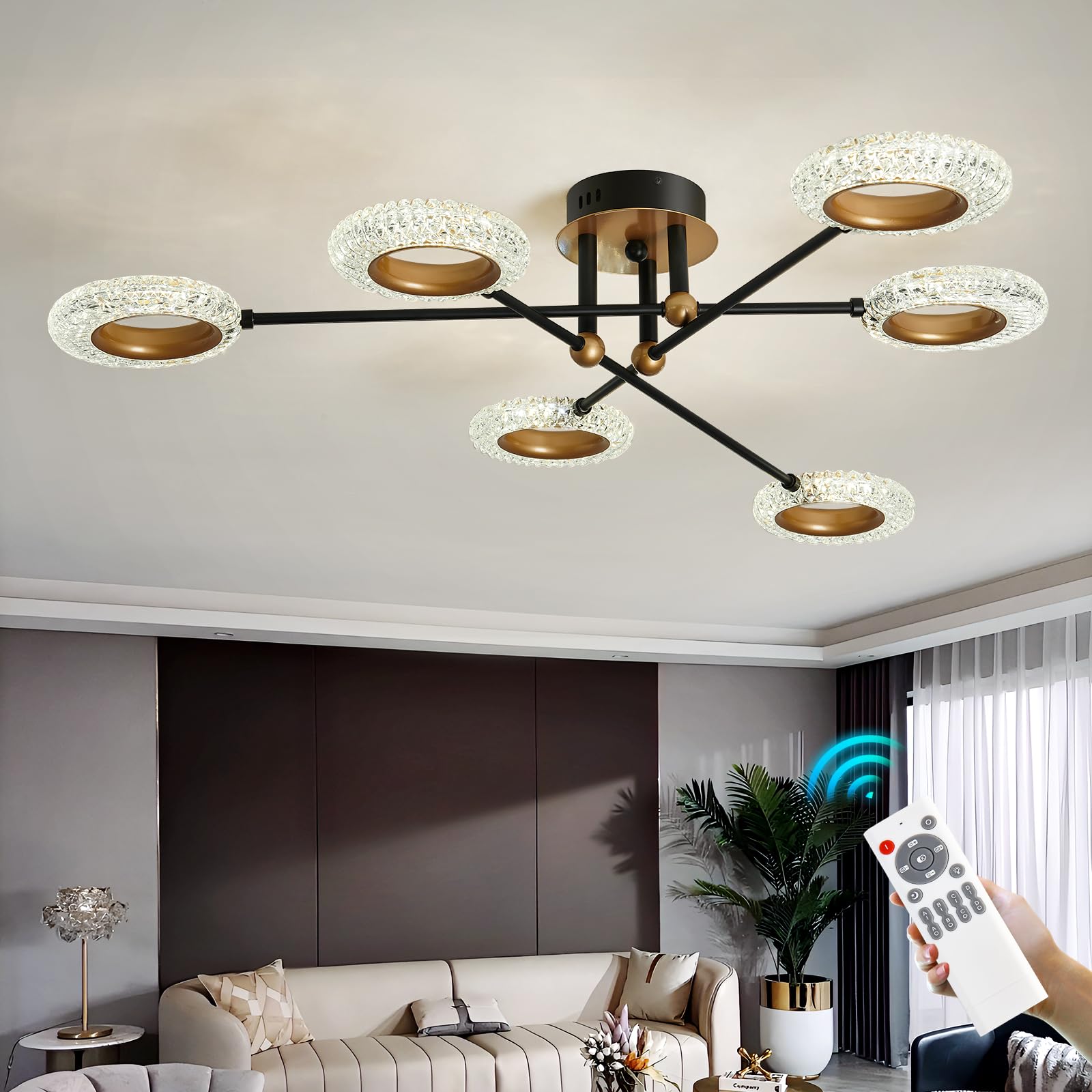 6 Lights Sputnik Semi Flush Mount Ceiling Light Matte Black Modern Edison Chandelier Industrial Close to Ceiling Light for Farmhouse Dining Room Kitchen Bedroom Living Room Study