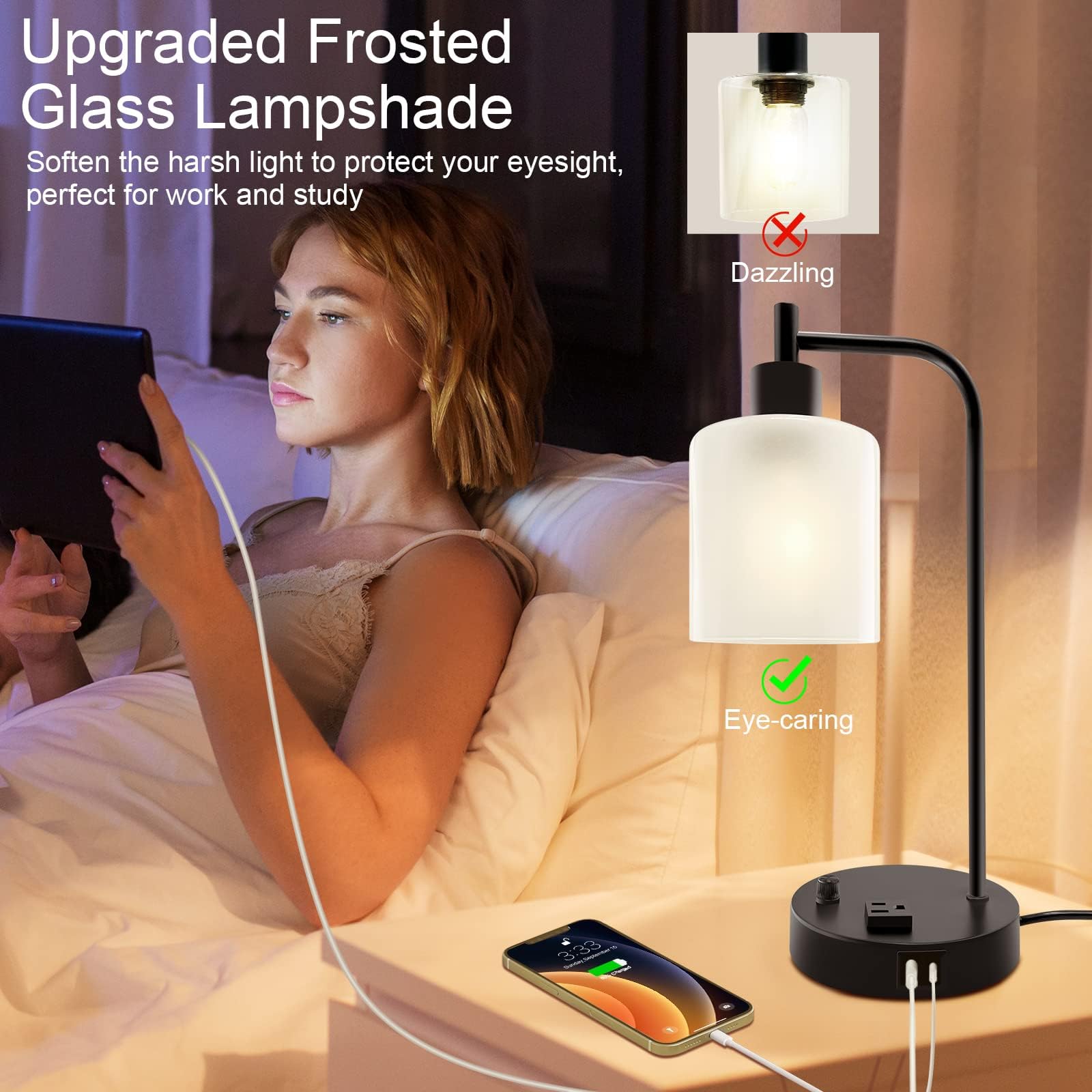 Industrial Table Lamp, Stepless Dimmable Gold Desk Lamp with 2 USB Ports and AC Power Outlet, Frosted GlassShade, Eye-Caring Bedside Nightstand Lamps(Some of The knobs are defective)