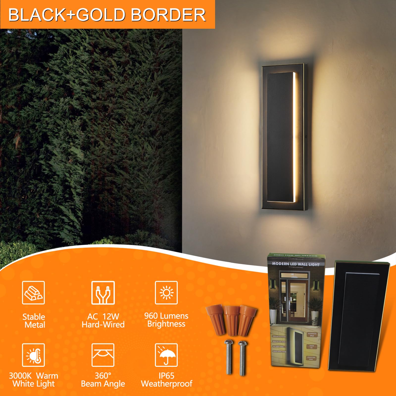 2 Pack Modern LED Outdoor Wall Lights, Black Exterior Wall Sconce & Indoor Wall Sconce Lighting Fixtures, 15.7'' Large Front Door Lights for Entrance, Hallway, 360° Beam Angle, Warm White 3000K