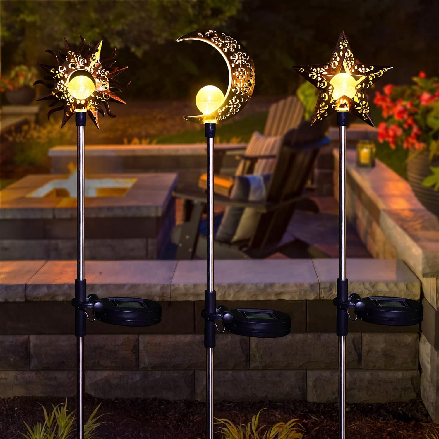 Solar Lights Outdoor Garden Decorations Sun Moon Star Stake Light Decorative Waterproof Warm White LED Yard Decor for Pathway Lawn Patio Courtyard Backyard