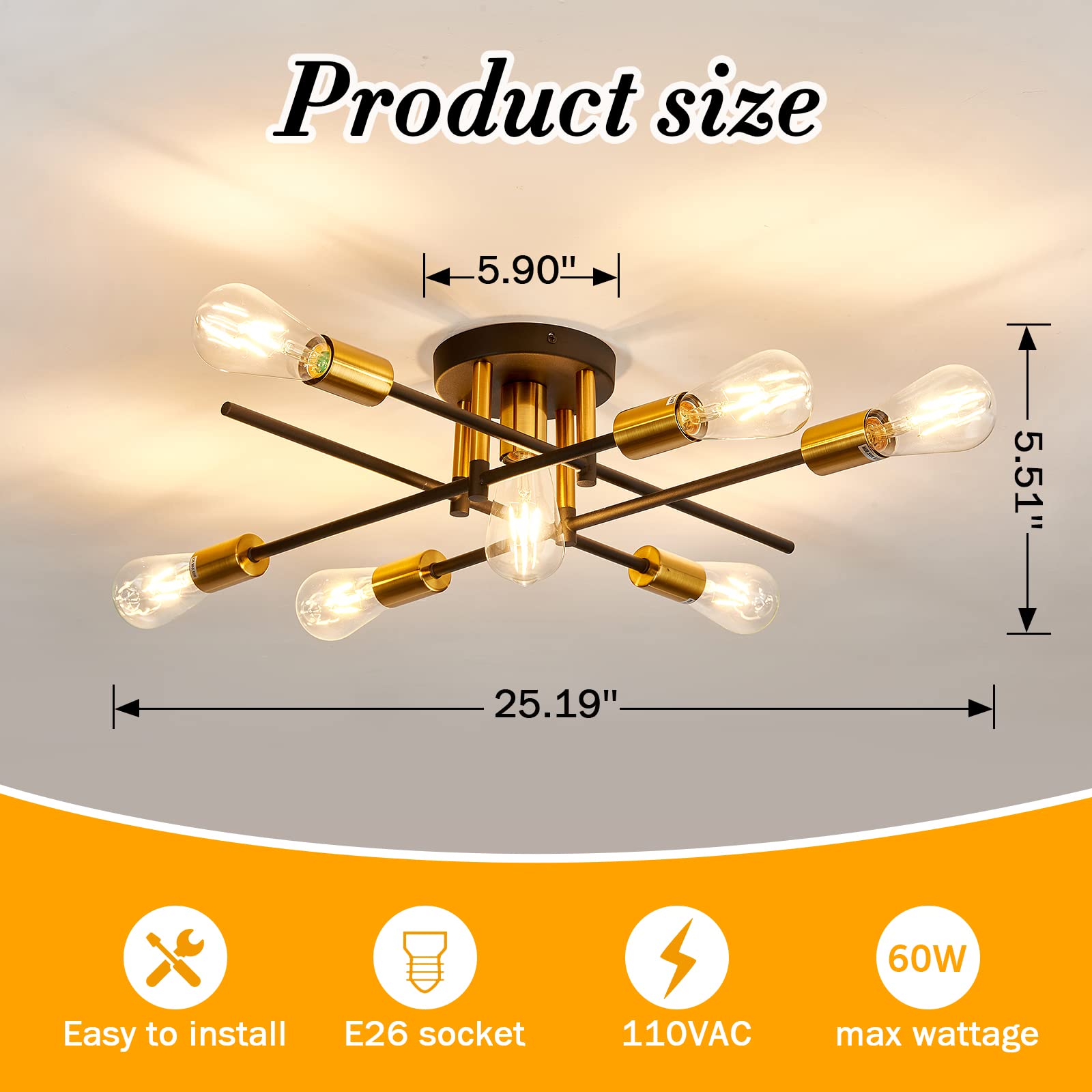 Farmhouse 5-Light Semi Flush Mount Ceiling Light Fixture with E26 Modern Matte Black and Gold Chandelier Sputnik Ceiling Lamp for Hallway Kitchen Dining Room Bedroom Study Living Room Bathroom