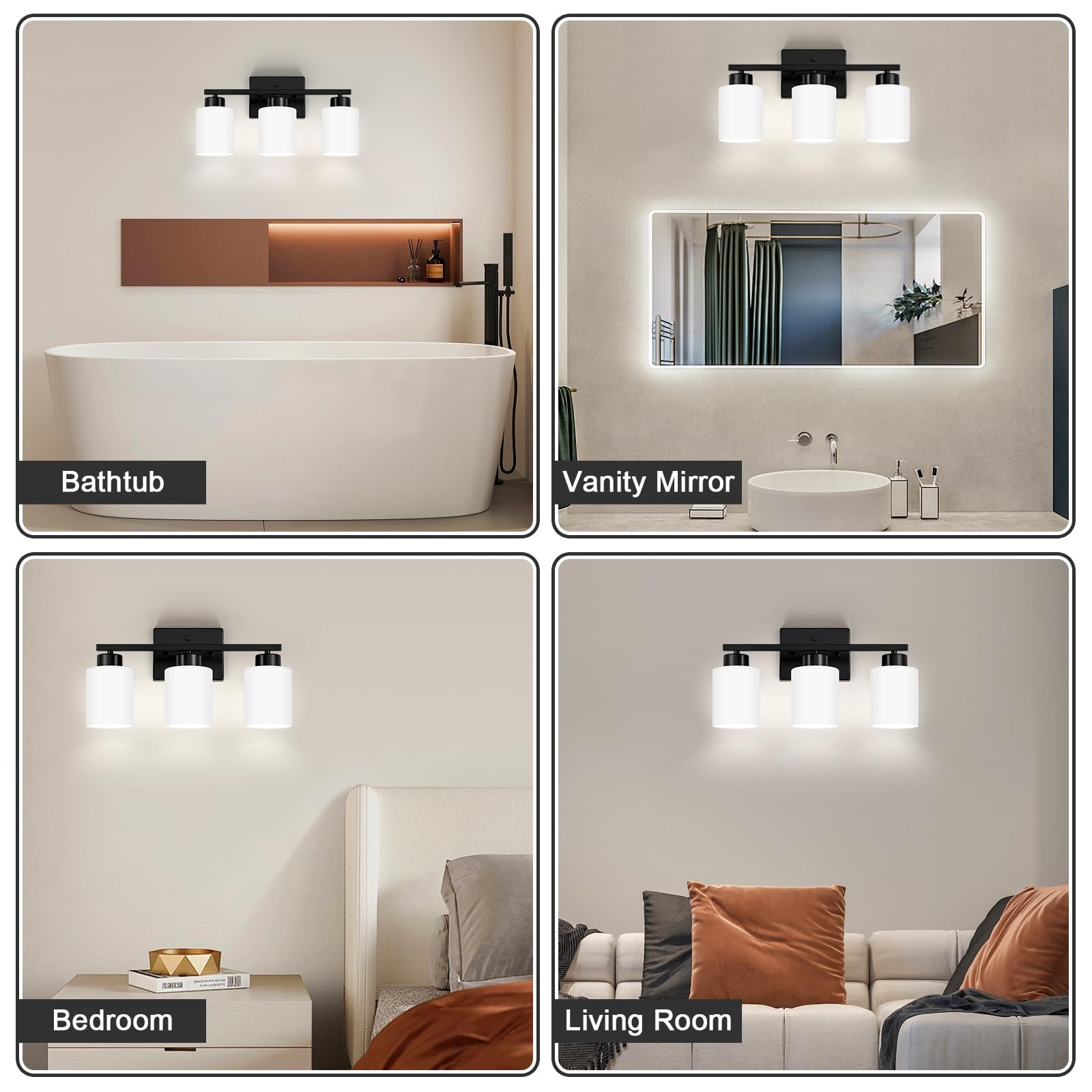 Brushed Nickel Bathroom Light Fixtures, 3-Light Modern Vanity Light Over Mirror, Wall Sconces with Milky White Frosted Glass Shades, E26 Socket (Bulbs Not Included)