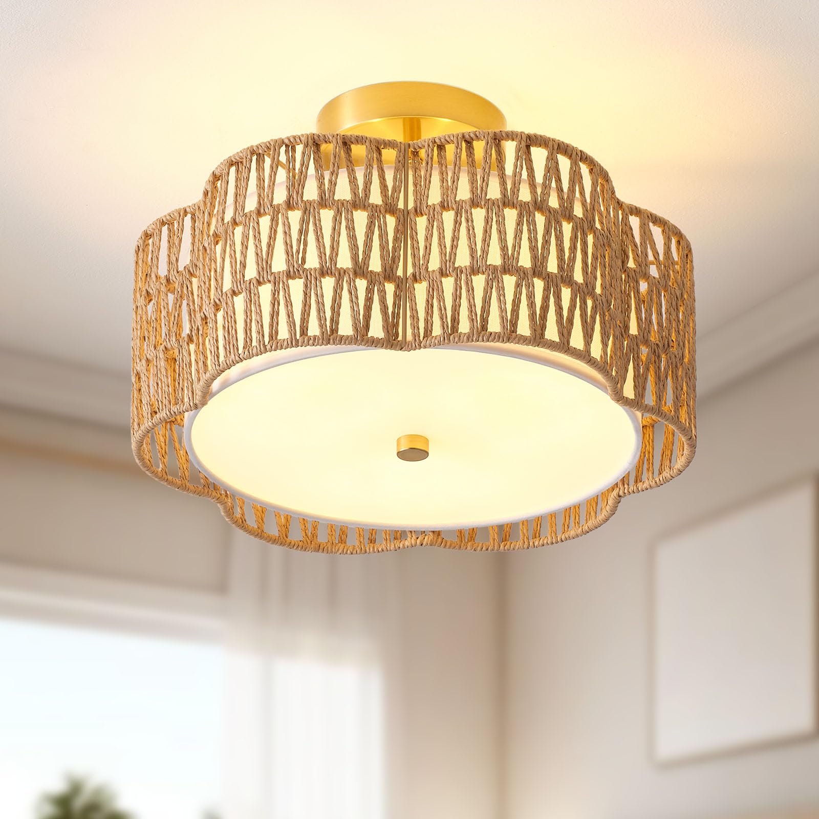 Rattan Ceiling Light Fixtures Flush Mount,3-Light Boho Light Fixtures Ceiling Mount for Bedroom,Close to Ceiling Light Modern Rattan Chandelier Lighting for Hallway Kitchen Dining Room(Yellow)