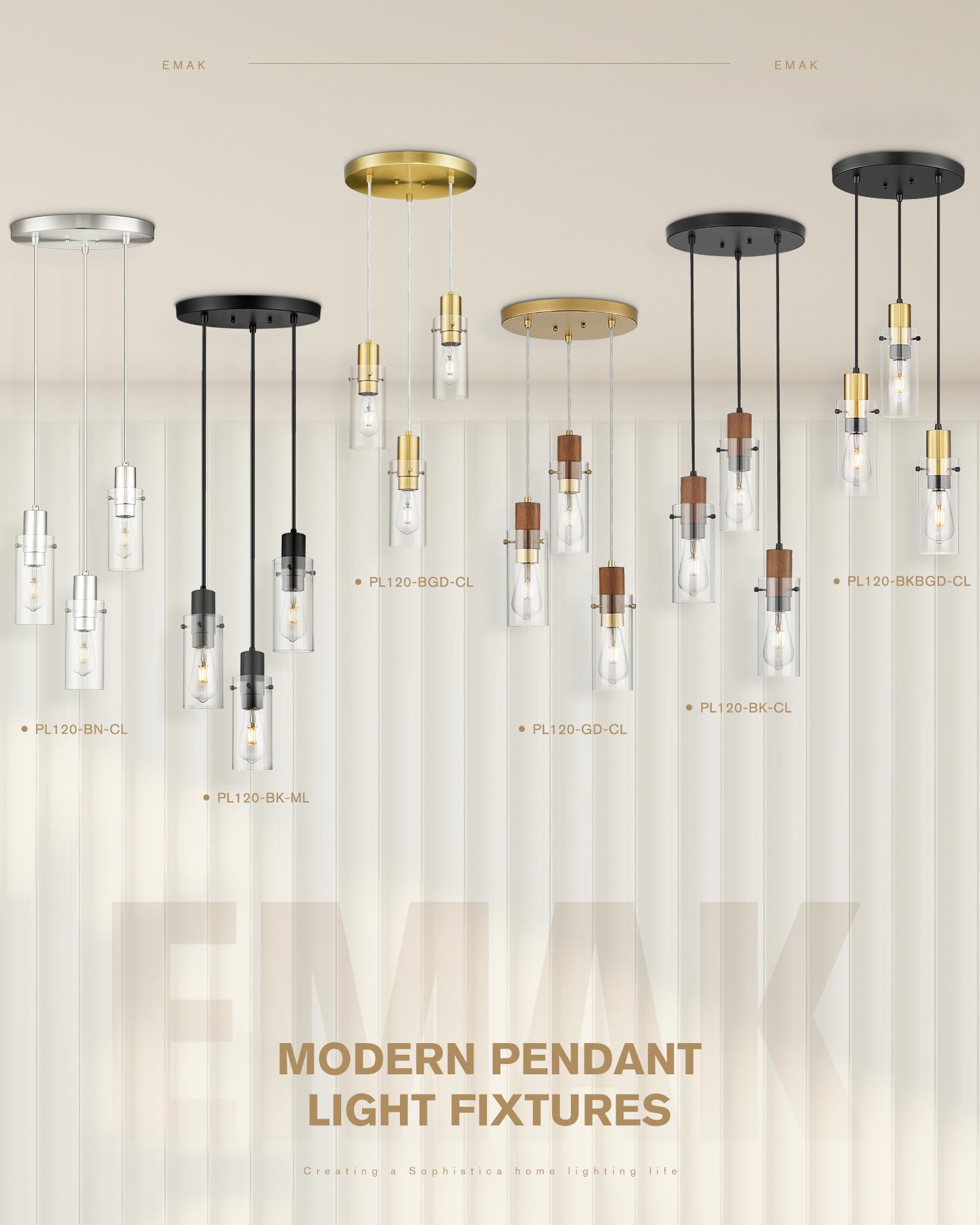 Emak Gold Pendant Light Fixtures, 3-Light Pendant Lights with Clear Glass Shade, Modern Farmhouse Hanging Lights for Kitchen Island, Dining Room, Bathroom, Bedroom, PL120-GD-CL