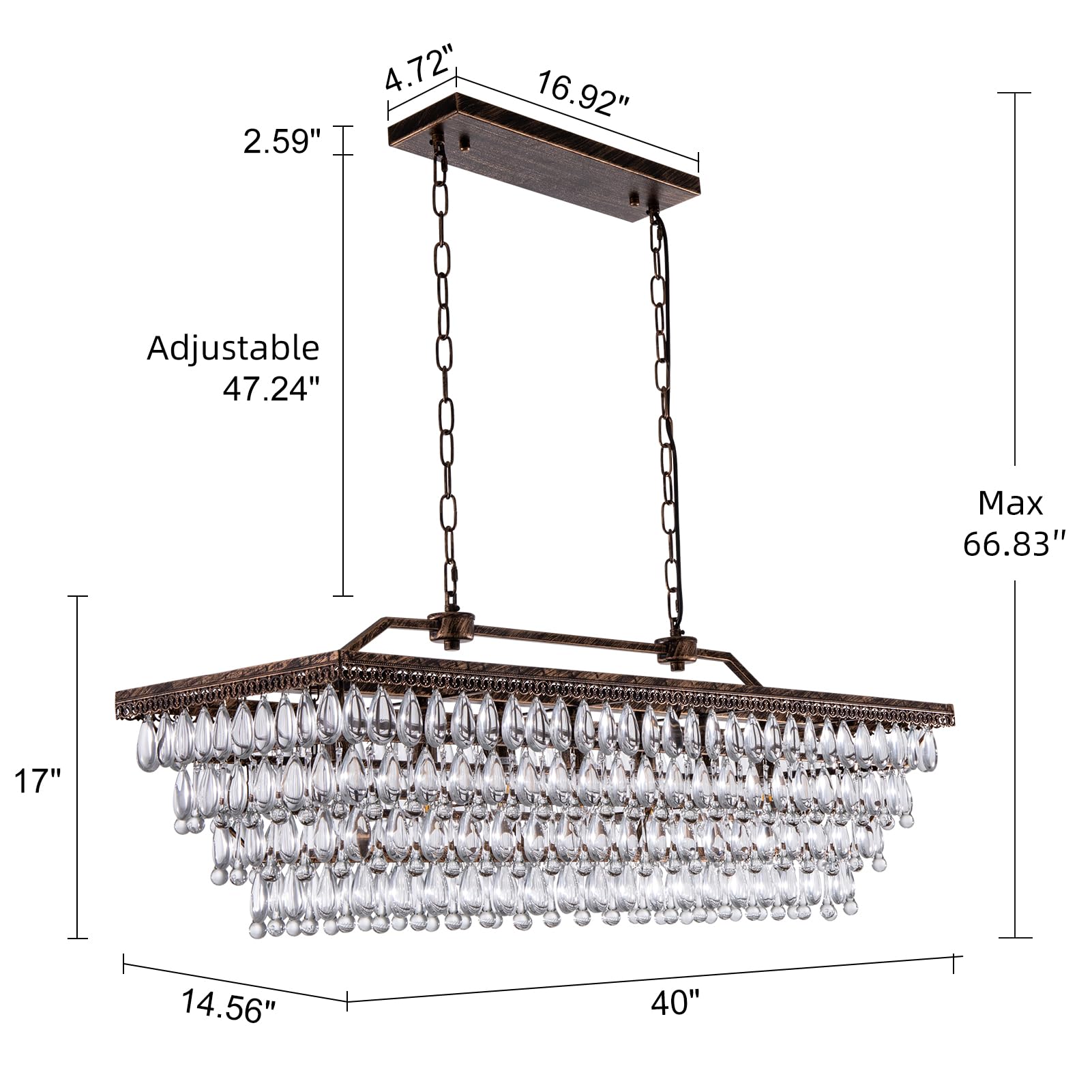 Dining Room Crystal Chandelier,30 inch Antique Bronze Rectangle Crystal Ceiling Light,4 Lights Farmhouse Kitchen Island Lighting,Adjustable Hanging Light Fixtures