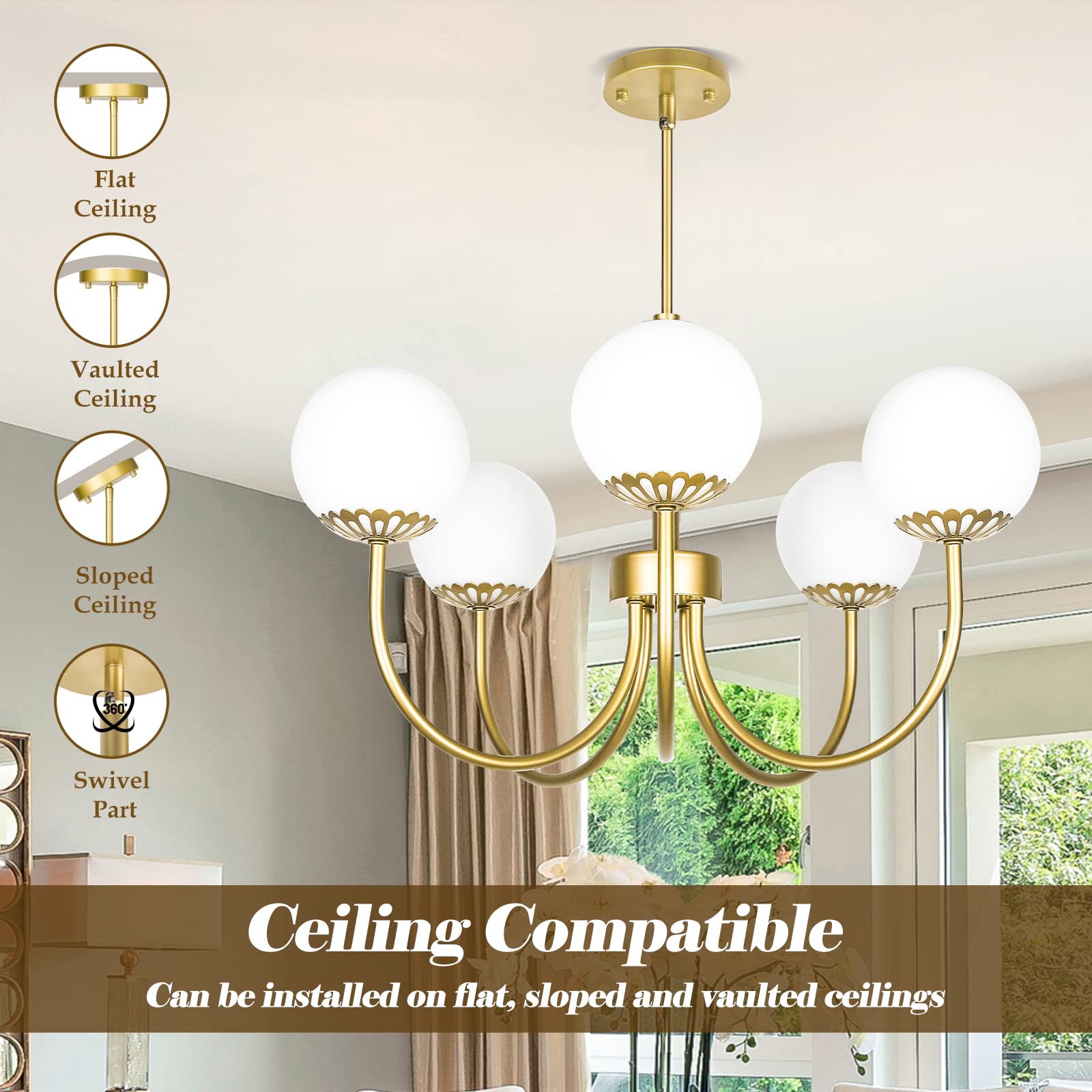 5-Light Gold Chandelier, Globe Modern Sputnik Light Fixture with Frosted Glass, Vintage Semi-Flush Mount Ceiling Light for Dining Room, Large Pendant Lighting for Kitchen Living Room Bedroom