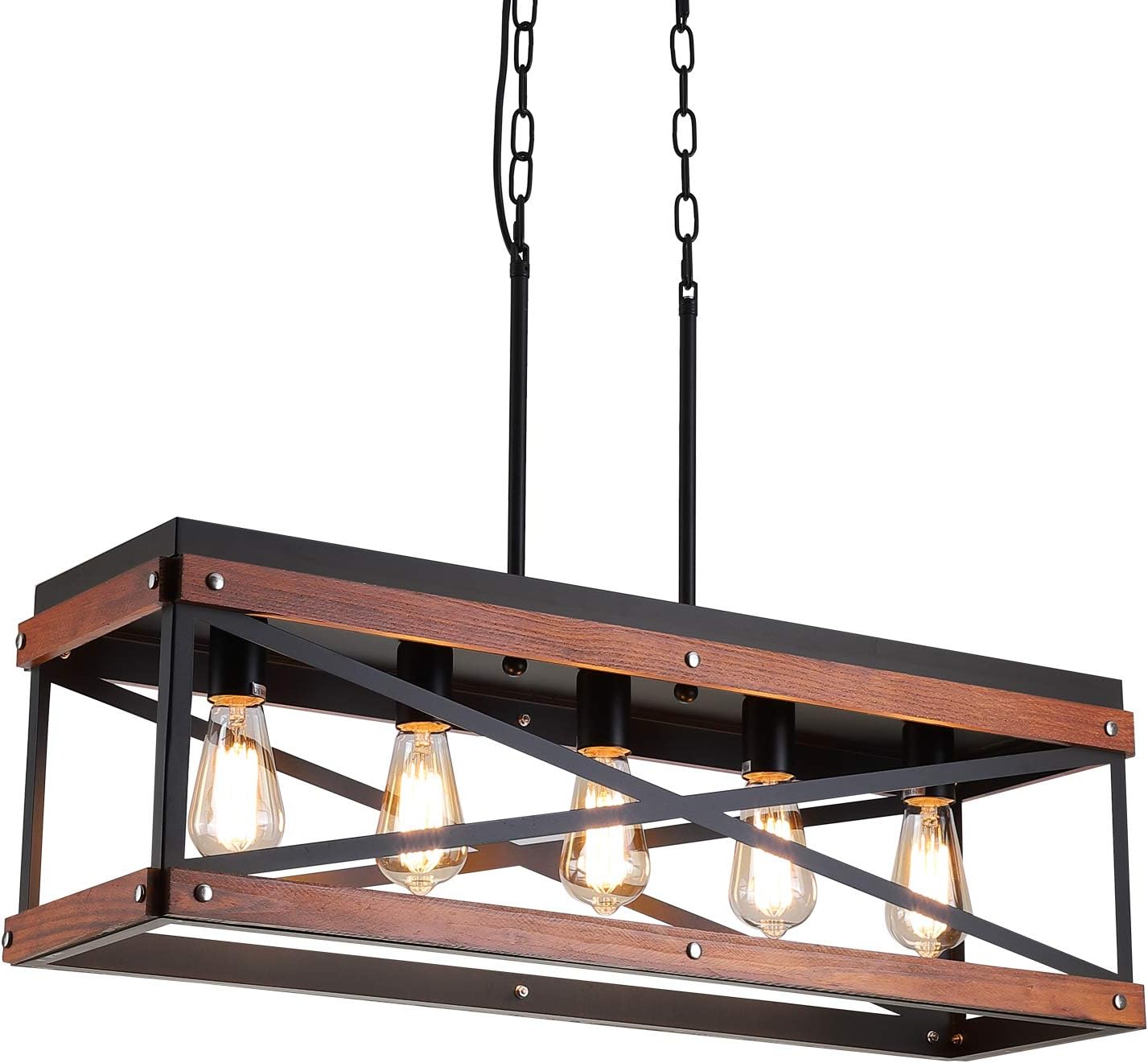 Rustic Farmhouse Kitchen Island Lighting, Wood and Metal Linear Chandelier, 5 Lights Industrial Pendant Light Fixture for Kitchen Island Dining Room Living Room Table, Black