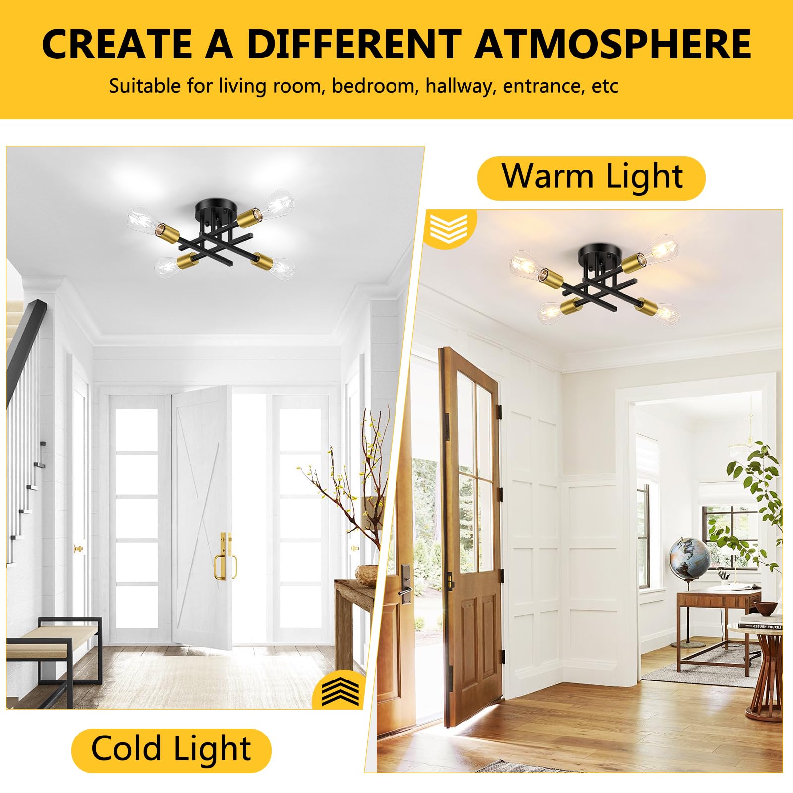 6-Lights Semi Flush Mount Ceiling Light, Mid-Century Modern Black and Gold Sputnik Ceiling Lighting, Industrial Kitchen Light Fixtures Ceiling Mount for Dining Room Hallway Living Room