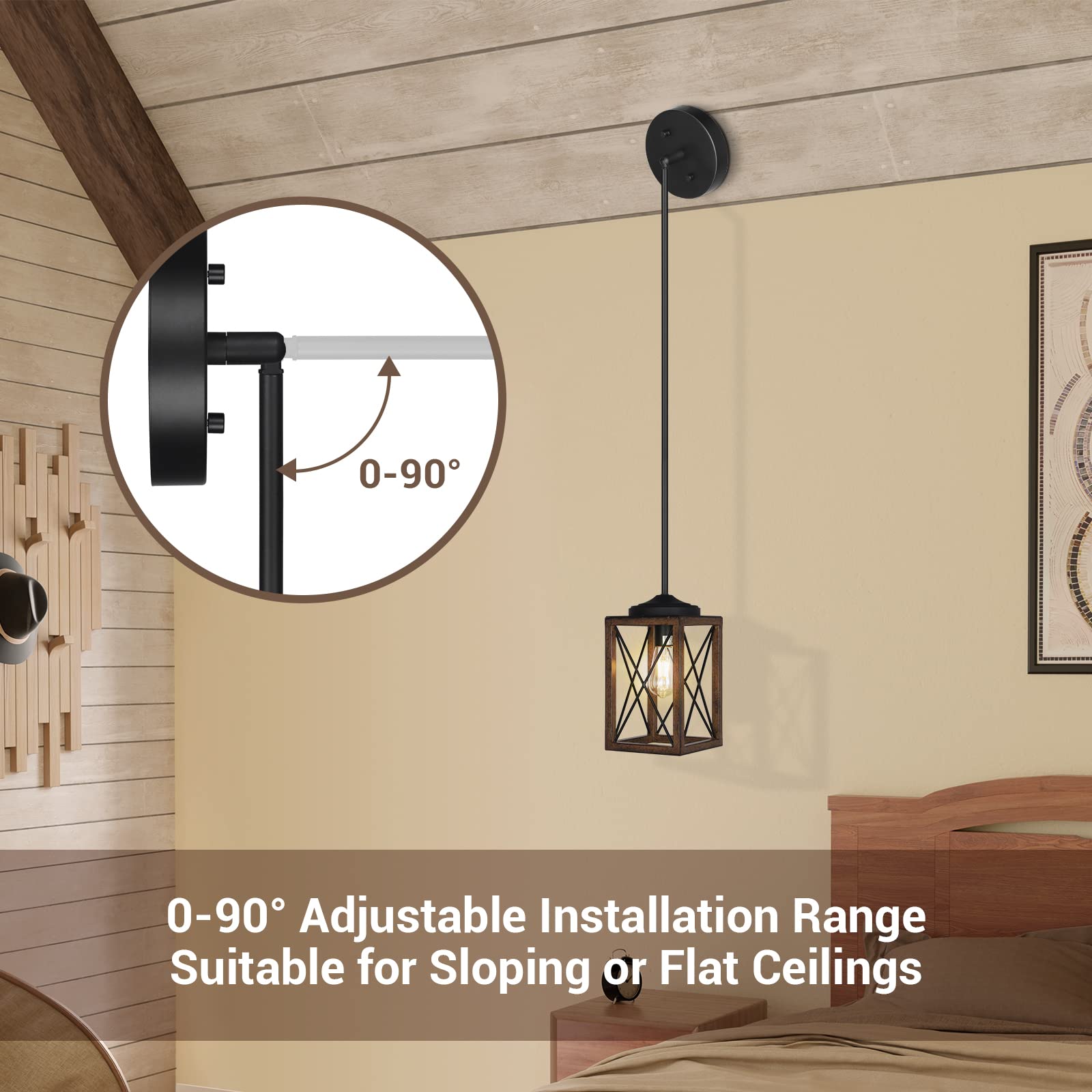 Pendant Light, Adjustable Hanging Light Fixtures for Flat and Slop Ceiling, Vintage Farmhouse Pendant Light with Wooden Grain Finish for Bedroom, Kitchen, Living Room, E26 Base