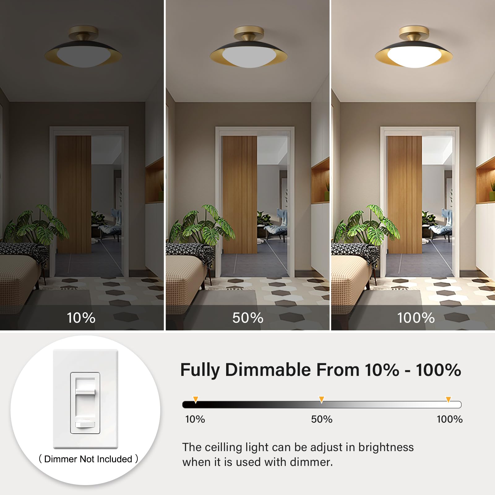 Dimmable White and Gold Ceiling Light, Mid-Century Semi-Flush Mount Ceiling Light, Modern LED Lighting Fixture, 5CCT 2700K-6000K Ceiling Lamp for Bedroom Hallway Laundry Room Kitchen 11.8 in