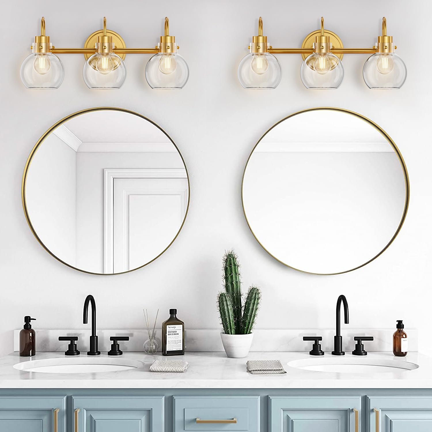 3 Lights Vanity Light, Brushed Nickel Bathroom Light Fixtures, Farmhouse Wall Sconces with Globe Clear Glass Shade, Porch Wall Mount Lamp for Mirror, Kitchen, Porch, Living Room, Workshop (E26 Base)