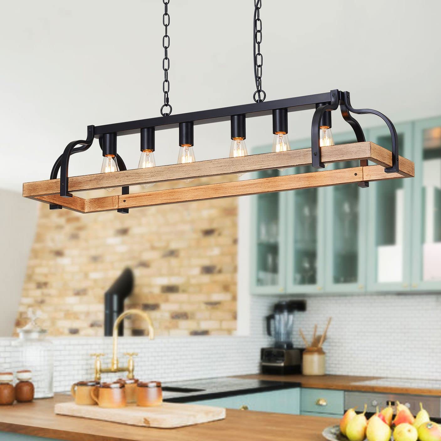 WUZUPS 5-Light Metal Chandelier Imitation Wood Grain Linear Pendant Ceiling Lighting Rustic Farmhouse Fixture Kitchen Island Dining Room, H 8.5" L 31.5" W10, E26 Base, Black & Antique White