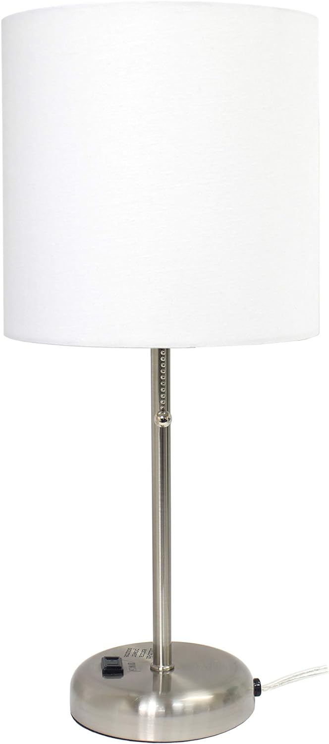 Brushed Steel Stick Table Desk Lamp with Charging Outlet and Drum Fabric Shade, White Shade