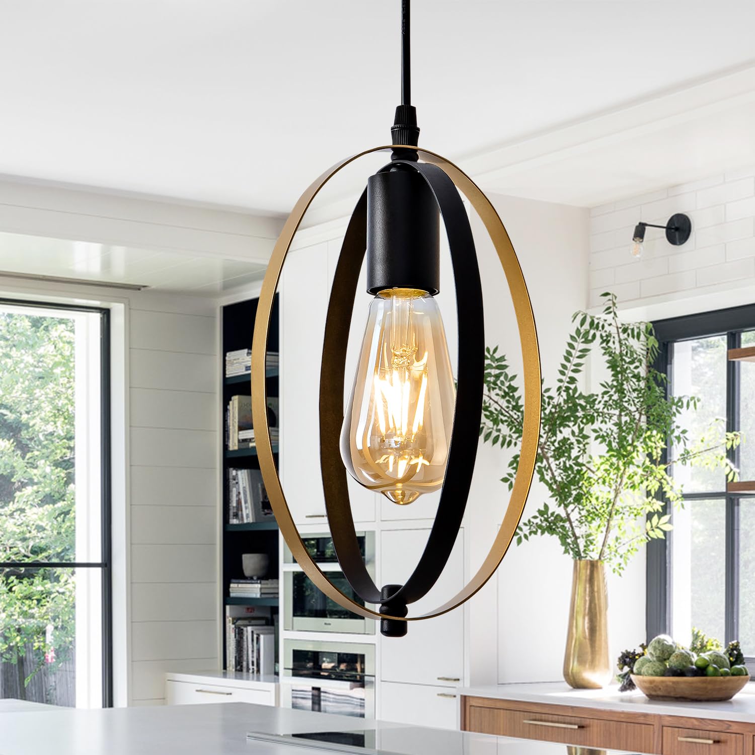 modern LED chandelier DIY creative chandelier adjustable hanging chandelier round ring 3 ring 4000K warm white light fixture for dining room bedroom kitchen island hall black gold (D = 11.8")