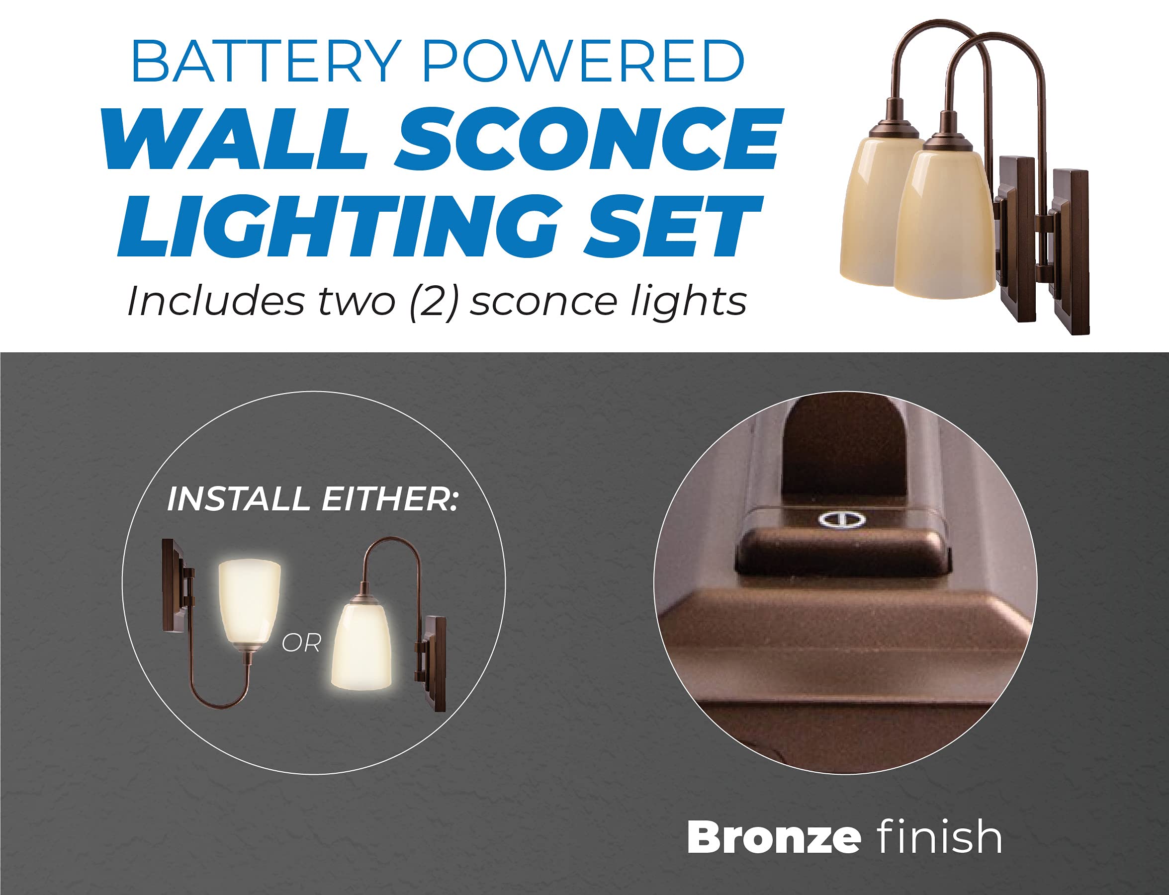 LED Battery Operated Wall Sconce, 2 Pack - 4 Hour Auto Shut-Off Wireless Wall Sconce, 100 Lumens - Easy Install Battery Powered Sconce Light - Plastic with Bronze Finish