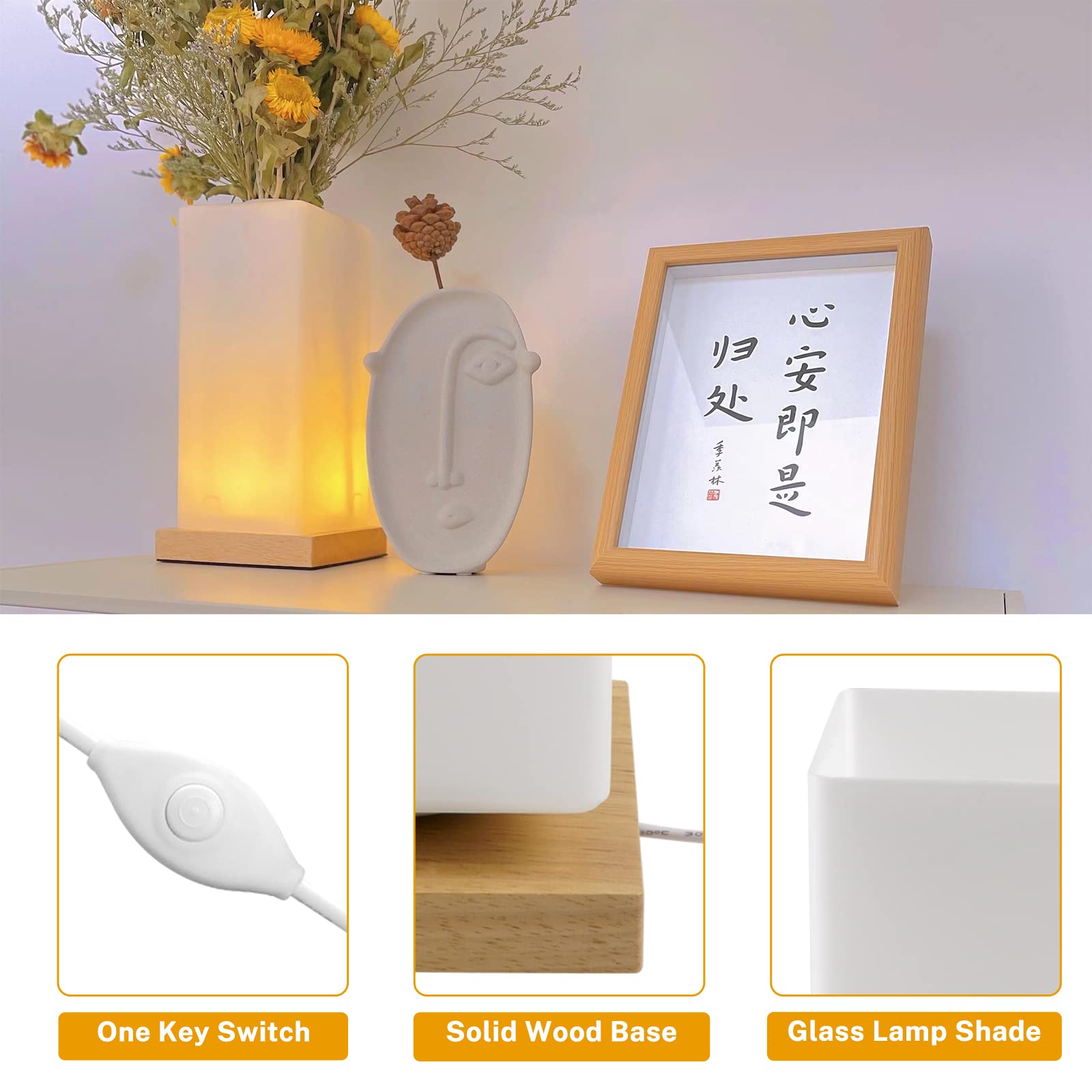 Vase Lamp Table Lamp USB Charge Flower Lamp Vase Table Lamp Dimmable Bedside Lamp Frosted Glass Shade with Wood Base for Bedroom Living Room Office Desk