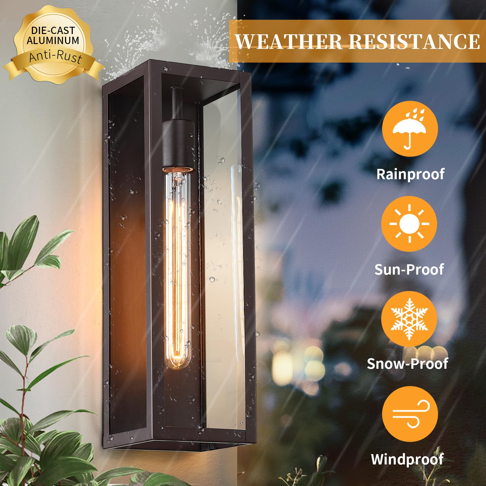 Outdoor Exterior Wall Lights for House 2Packs, 12.6'' Matte Black Rectangular Metal Frame & Clear Glass Shade, Waterproof Outdoor Garage Lights Patio Wall Sconce Porch Light, Bulb Not Included