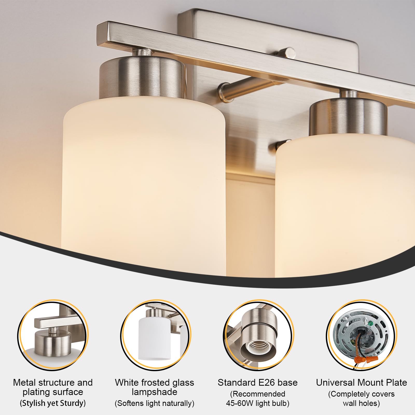 Brushed Nickel Bathroom Light Fixtures, 3-Light Modern Vanity Light Over Mirror, Wall Sconces with Milky White Frosted Glass Shades, E26 Socket (Bulbs Not Included)