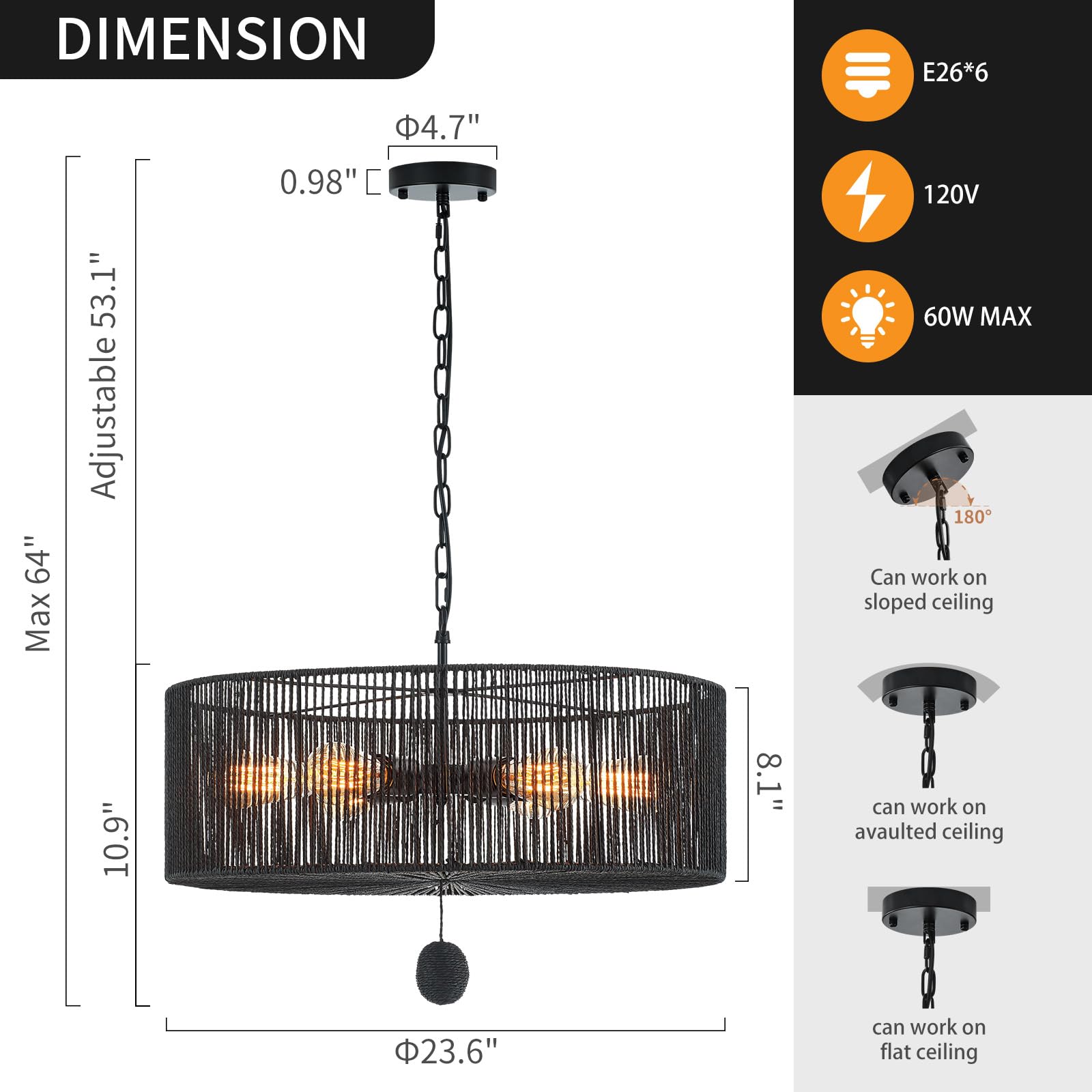 Hand-Woven Rattan Chandelier Vintage Farmhouse Boho Bamboo Chandelier Light Fixture Rustic Retro 5-Lights Drum Wicker Rattan Black Chandelier for Dining Room, Kitchen, Living Room, E12