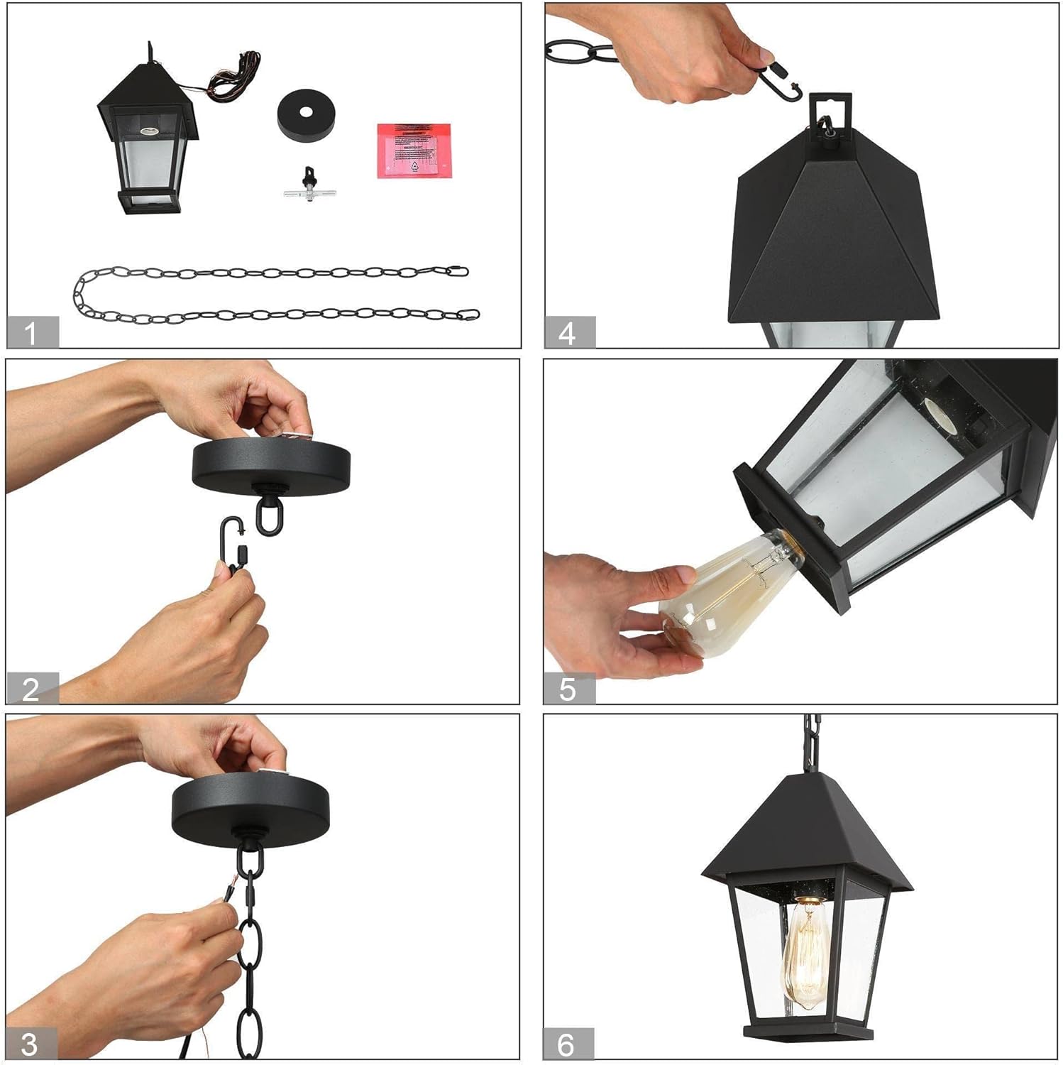 Outdoor Pendant Light for Porch, Black Outdoor Pendant Hanging Light with Seeded Glass Waterproof Exterior Light Fixture for House, Patio, Yard