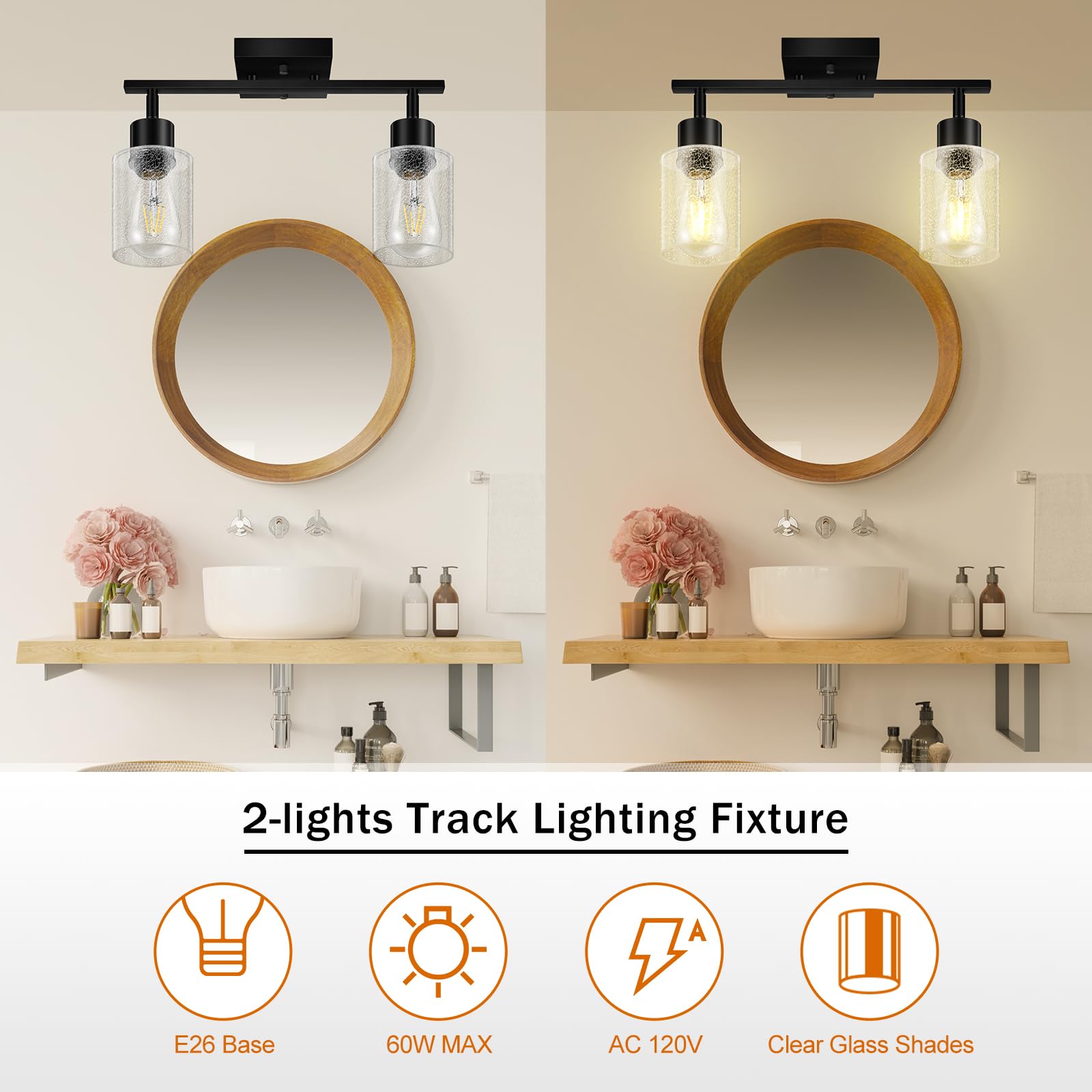 LED 4 Light Track Lighting Kit, 4 Way Ceiling Spot Lighting with Glass Lampshade, Flexibly Rotatable Light Head for Kitchen, Living Room, Bedroom, Bulb Not Included