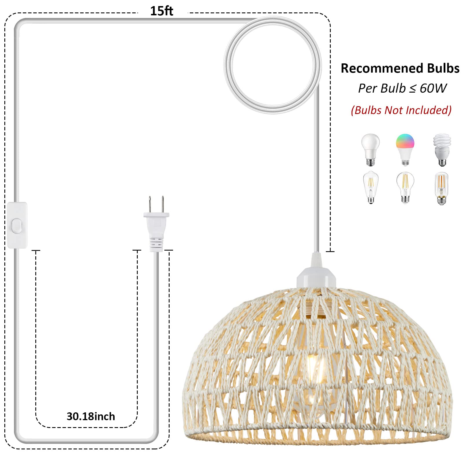 Plug in Pendant Light Rattan Hanging Lamp with 15 Ft Hemp Rope Cord, Hanging Lights with Plug in Cord, Woven Boho Wicker Basket Lamp Shade Plug in Ceiling Light Fixture for Kitchen Island (Cream)