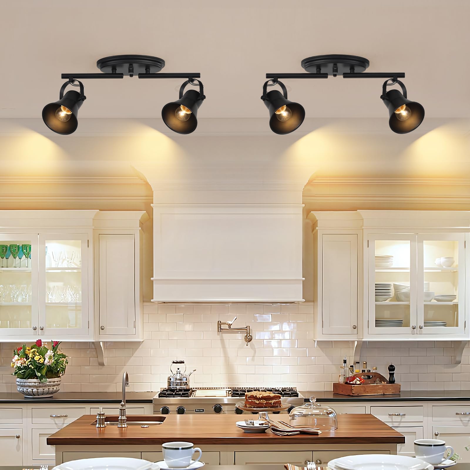 4-Light Track Lighting Kit, Directional Ceiling Light, Industrial Black Kitchen Track Lighting Fixtures Ceiling for Kitchen, Living Room, Dining Room, Hallway.