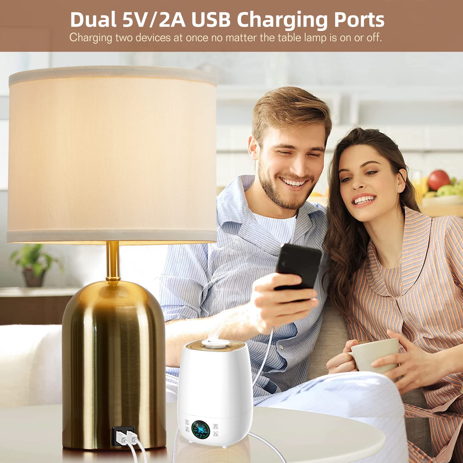 Touch Control Table Lamps Set of 2, Bedside Table Lamps for Bedrooms Set of 2 Modern Living Room 3 Way Dimmable Gold Bedside Lamp for End Table with 2 USB Charging Ports, 2 Bulbs Included