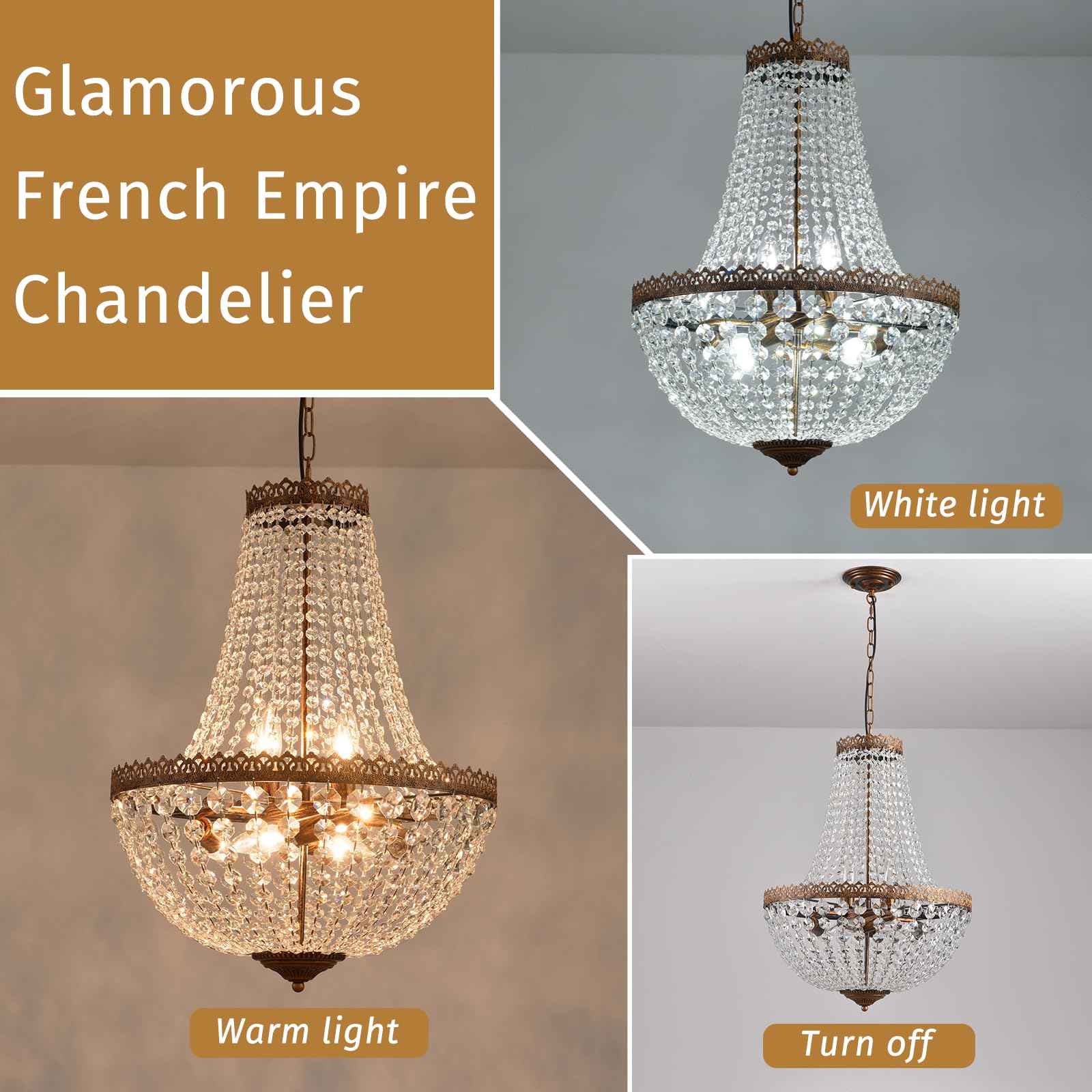 4 Lights French Empire Mini Crystal Chandelier Farmhouse Pendant Lighting, Bronze Finish Ceiling Light Fixture for Dining Room Bedroom Foyer Living Room, W12.6 x H19.7