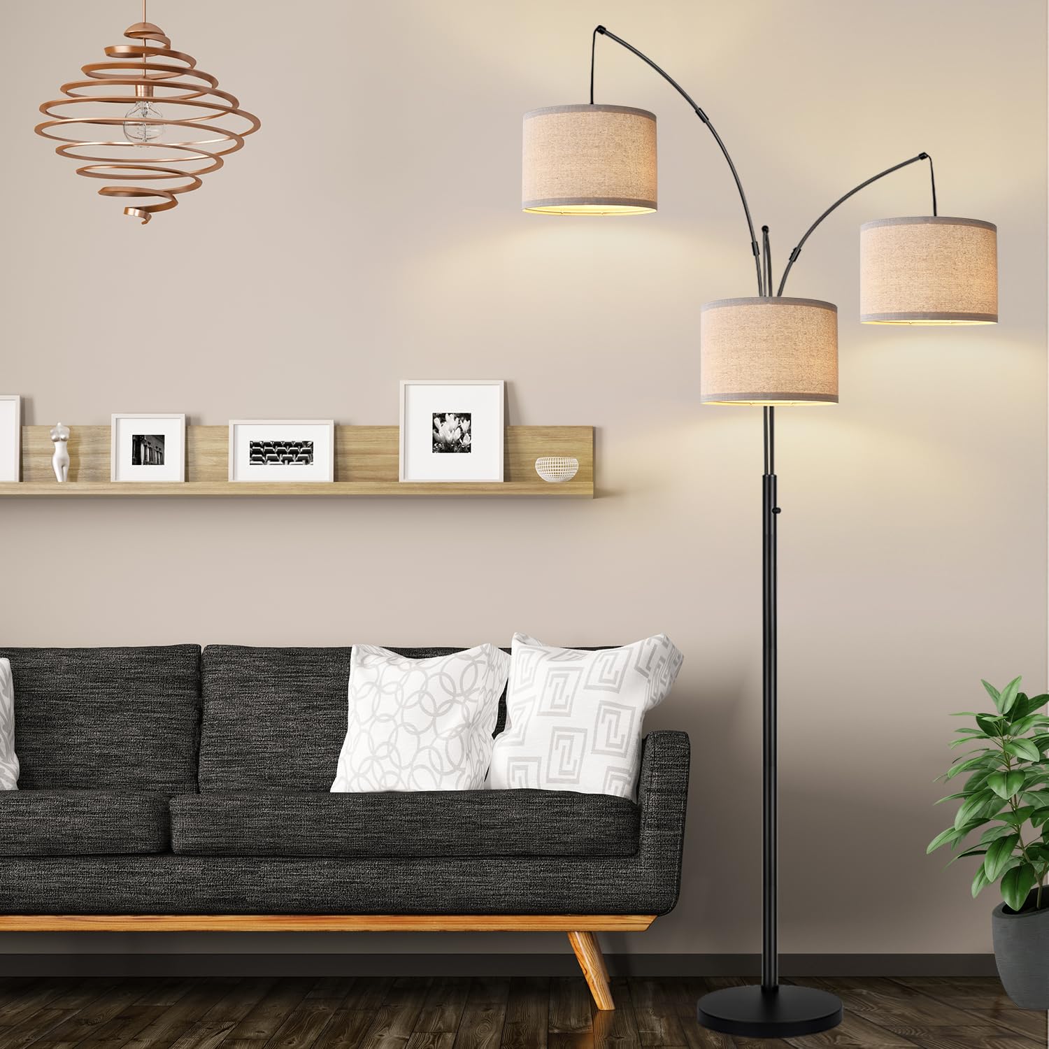 Dimmable Floor Lamp - 3 Lights Arc Floor Lamps for Living Room, 1000LM Modern Tall Standing Lamp with Beige Shades & Heavy Base, Mid Century Tree Floor Lamp for Bedroom Office, 3 LED Bulbs Included