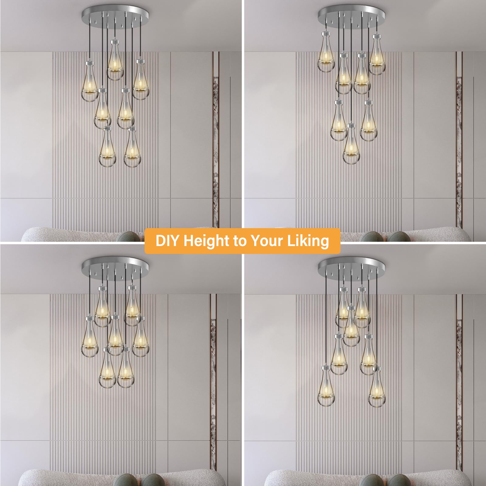 3 Light Pendant Lights Kitchen Island, Raindrop Cluster Pendant Light Fixture, Adjustable Hanging Rope Clear Solid Glass Chandelier for Dining Room, Porch, Corridor, Living Room…