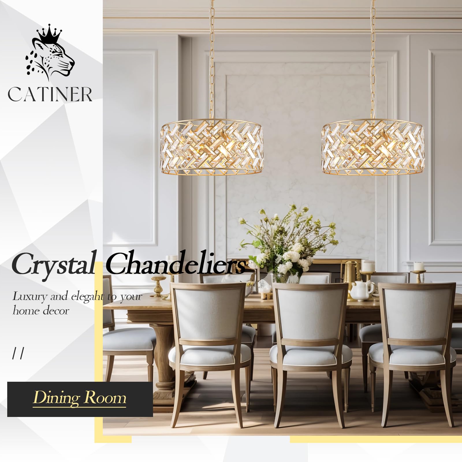 Gold Crystal Chandeliers, Modern Semi Flush Mount Chandelier 4-Ligh Drum Crystal Ceiling Pendant Light Fixture 12” for Foyer Entryway Kitchen Hallway Dining Room