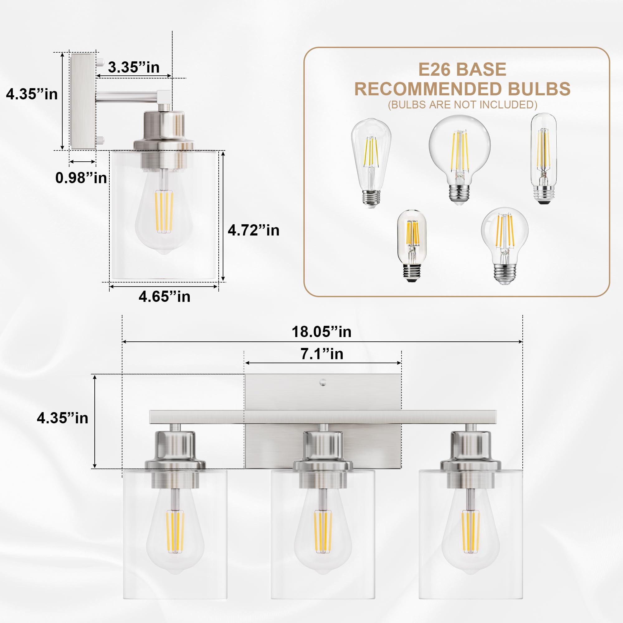 Bathroom Lighting Fixtures Over Mirror Brushed Nickel, Rustproof 3-Light Vanity Lights for Bathroom, 18Inches Modern Wall Sconces E26 Base, Transparent Clear Glass Shades, Bulbs Not Included