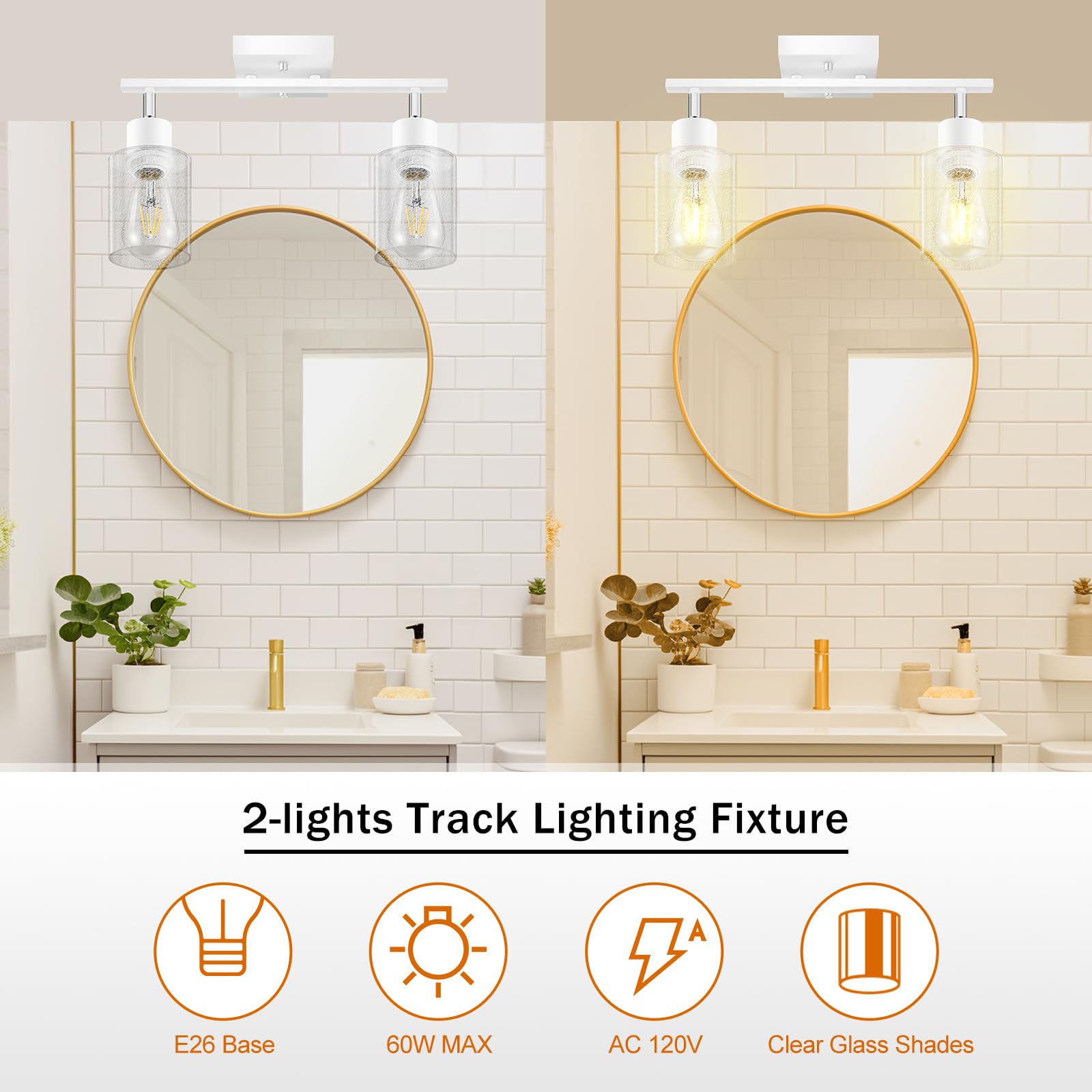 LED 4 Light Track Lighting Kit, 4 Way Ceiling Spot Lighting with Glass Lampshade, Flexibly Rotatable Light Head for Kitchen, Living Room, Bedroom, Bulb Not Included