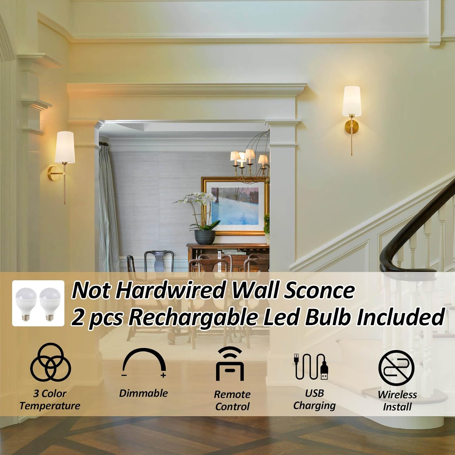 Battery Operated Wall Sconces, Wall Sconces Sets of 2, Rechargeable Wall Lights, with Remote Control Dimmable Detachable Bulb, Suitable for Bedroom Living Room Corridor Kitchen