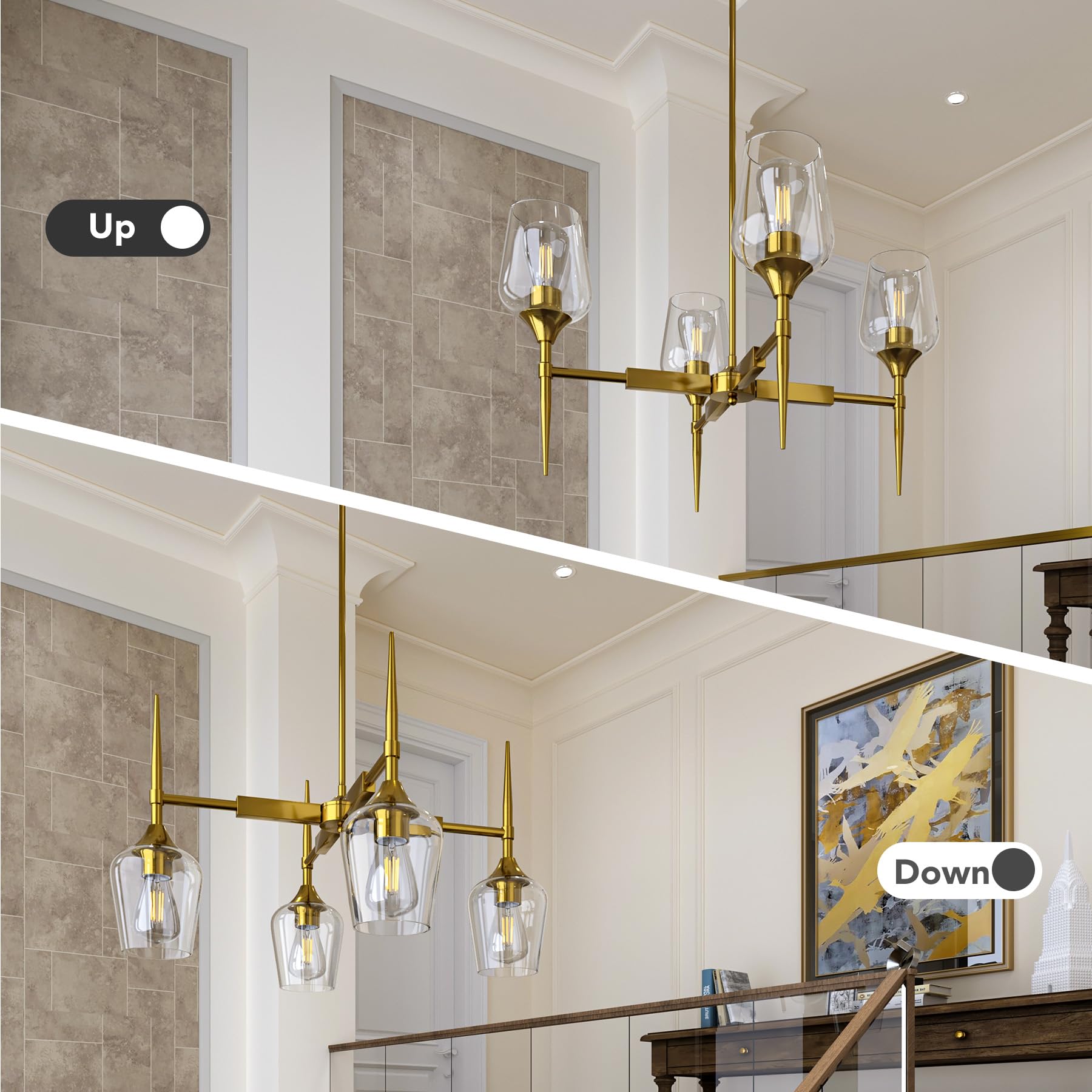 4 Light Chandelier for Dining Room, Farmhouse Chandelier with Cylinder Clear Glass Shade, Modern Chandelier for Kitchen Bedroom Living Room Foyer, Pendant Light with Gold Finish