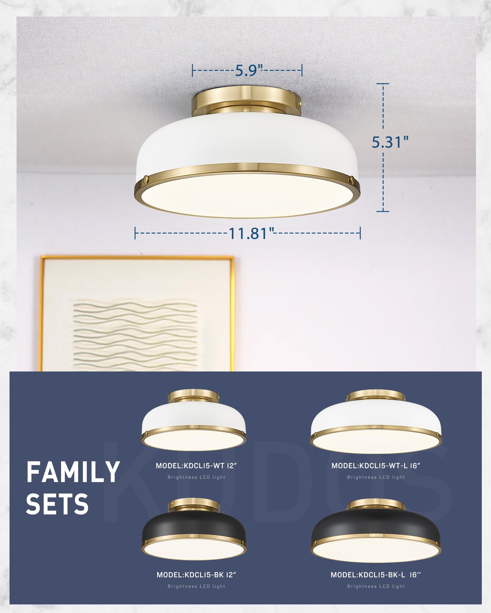 Ceiling Light, 12-inch LED Flush Mount Ceiling Light, Black and Gold Finish, 24W/1100lm Light Fixtures ceiling mount for Living Room, Bedroom, 3000K/3700K/4500K/5100K/6000K Adjustbale, KDCL15-BK