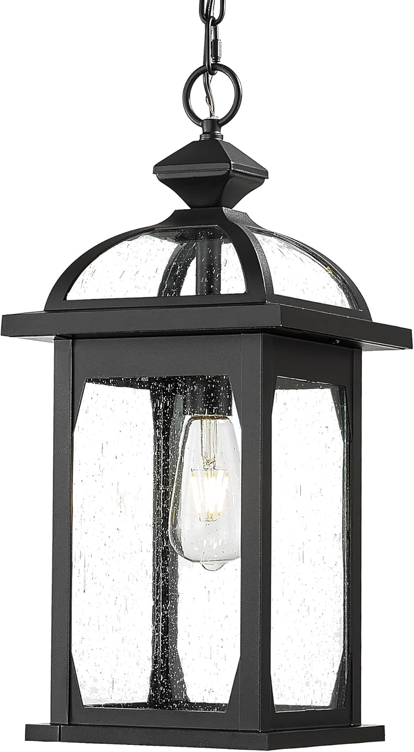 Large Outdoor Hanging Light, 20 Inch Outdoor Pendant Lights for Porch Patio, Die-Cast Aluminum in Seeded Glass Shade, Black Finish, ZD100H-M BK