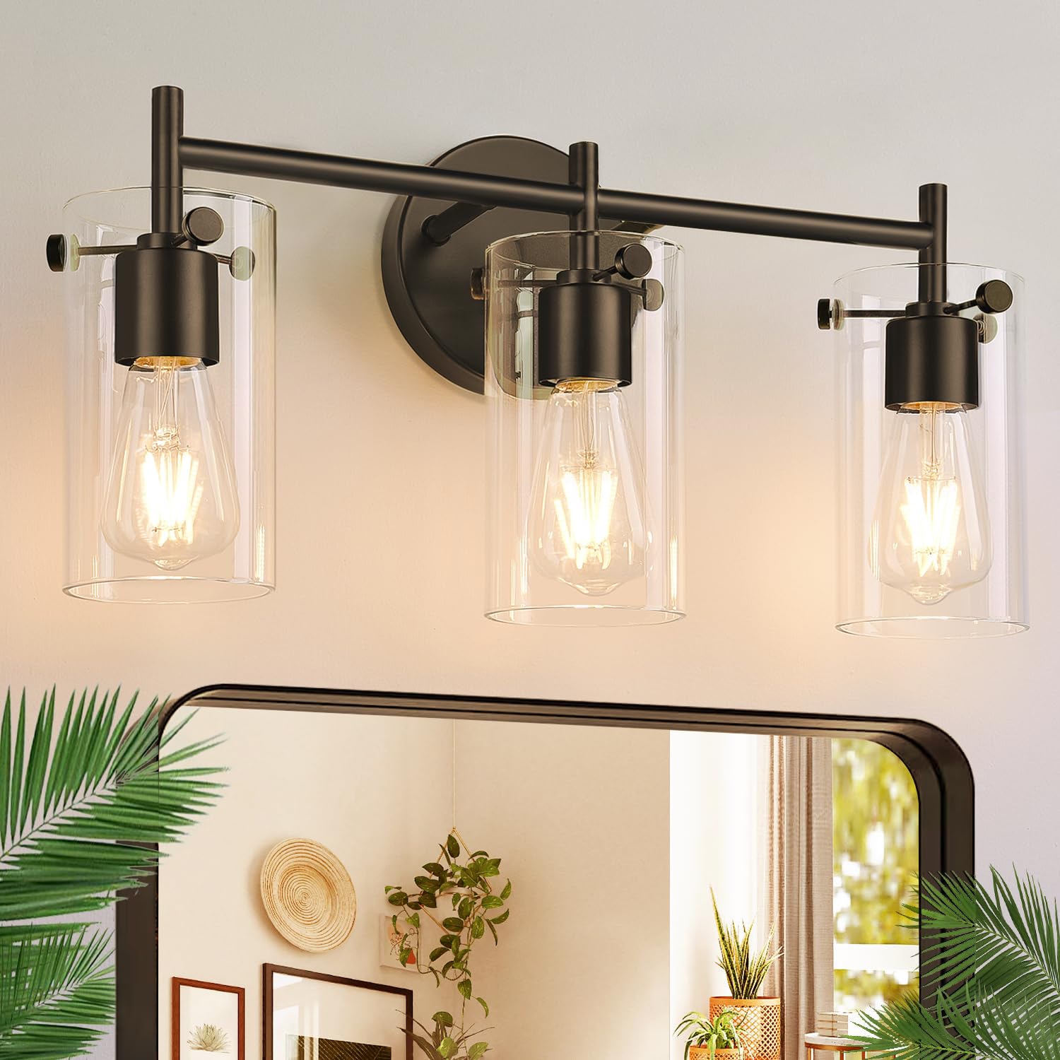 4-Light Bathroom Light Fixtures, Bathroom Vanity Lights with Clear Glass Shades, Matte Black Bathroom Light Fixtures over mirror, Modern Bathroom Wall Lamp for Mirror Living Room Cabinet Bedroom Porch