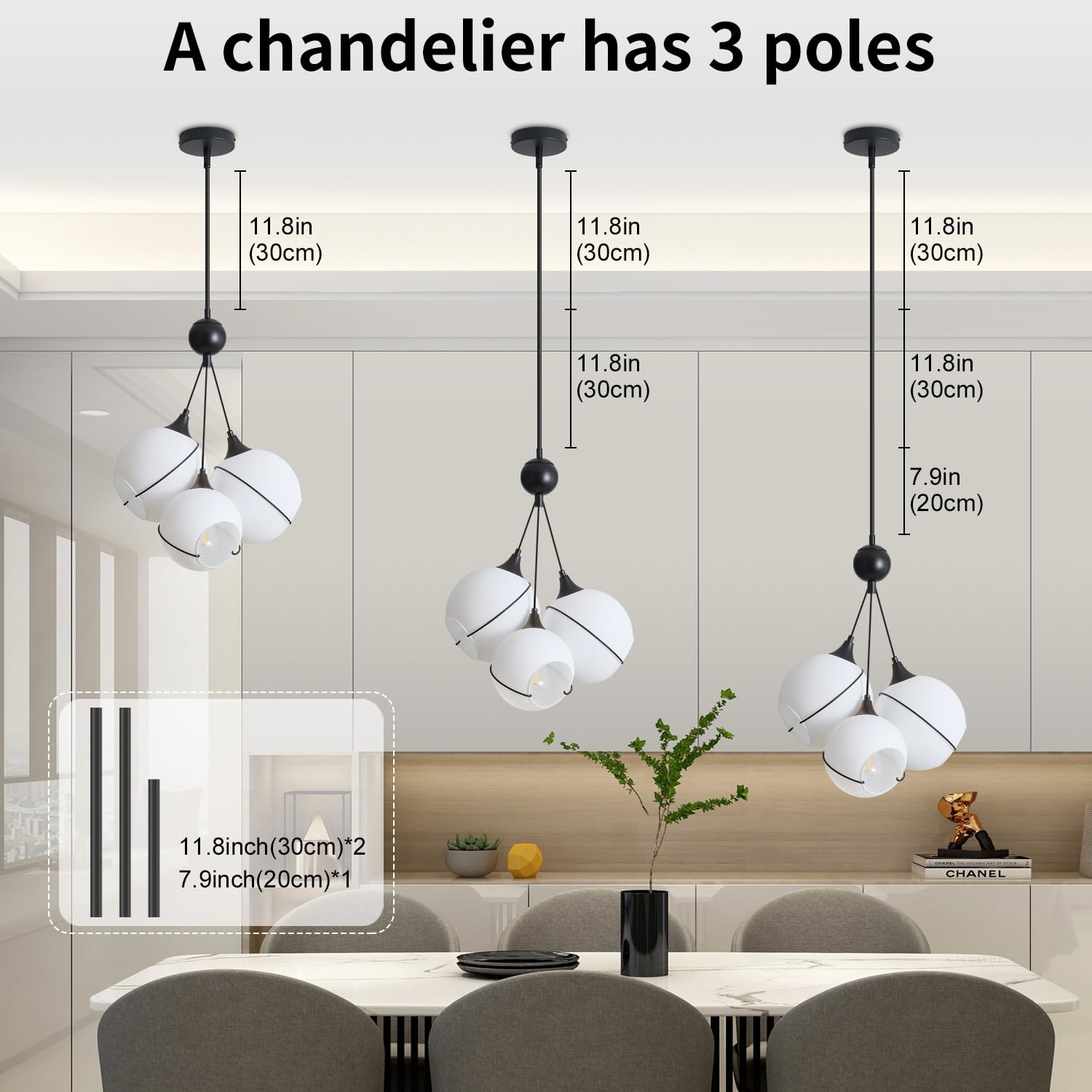 Modern Chandelier, Glass Pendant Lights Kitchen Island, Kitchen Pendant Lighting Over Island, Mid Century Matte Black Chandelier with Milk White Glass Globe Shades