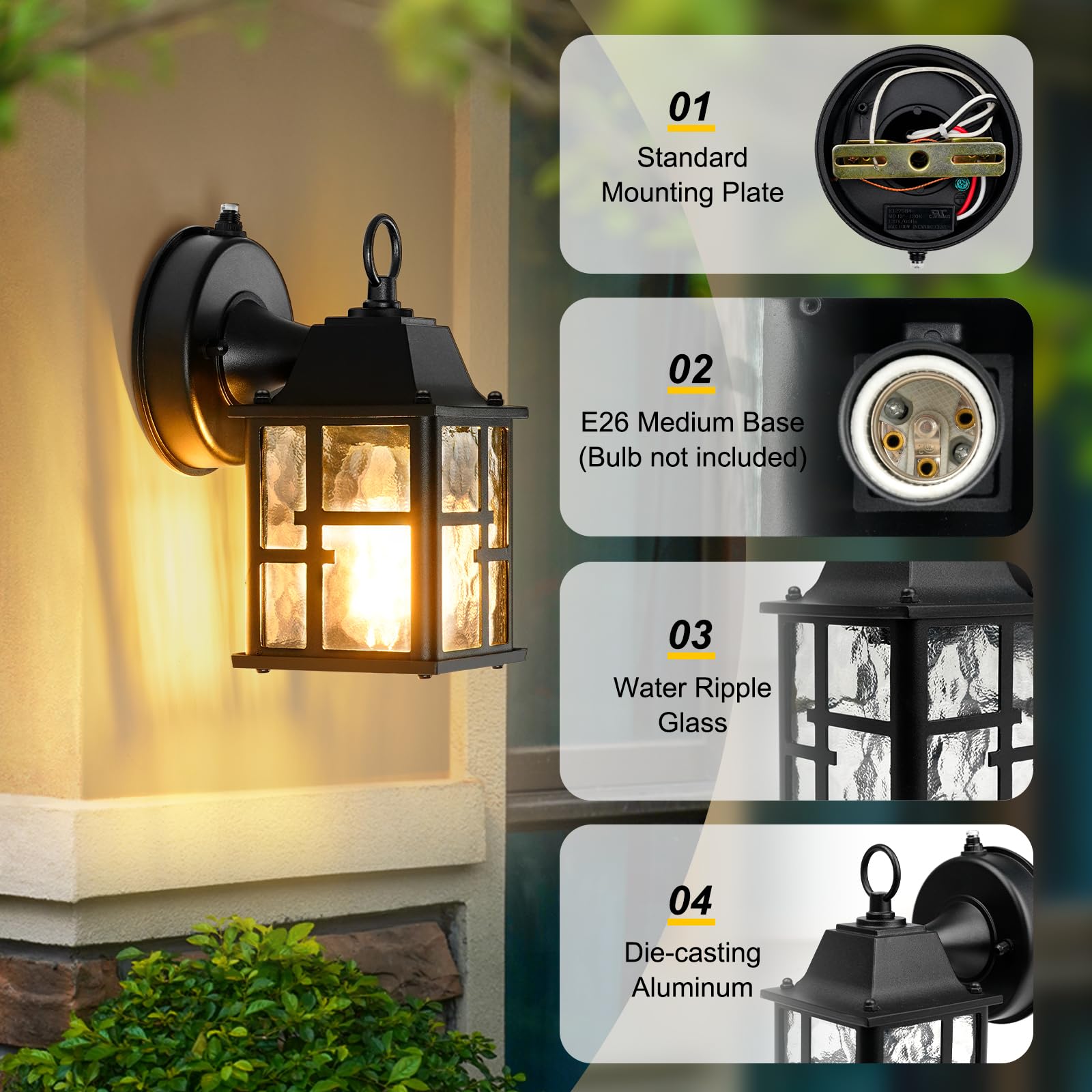 2 Pack Dusk to Dawn Outdoor Wall Lights, Exterior Lantern Porch Sconce Lighting Wall Mounted with Water Ripple Glass Shade, Anti-Rust Wall Lamp Outside Lights for House Garage Front Door Patio