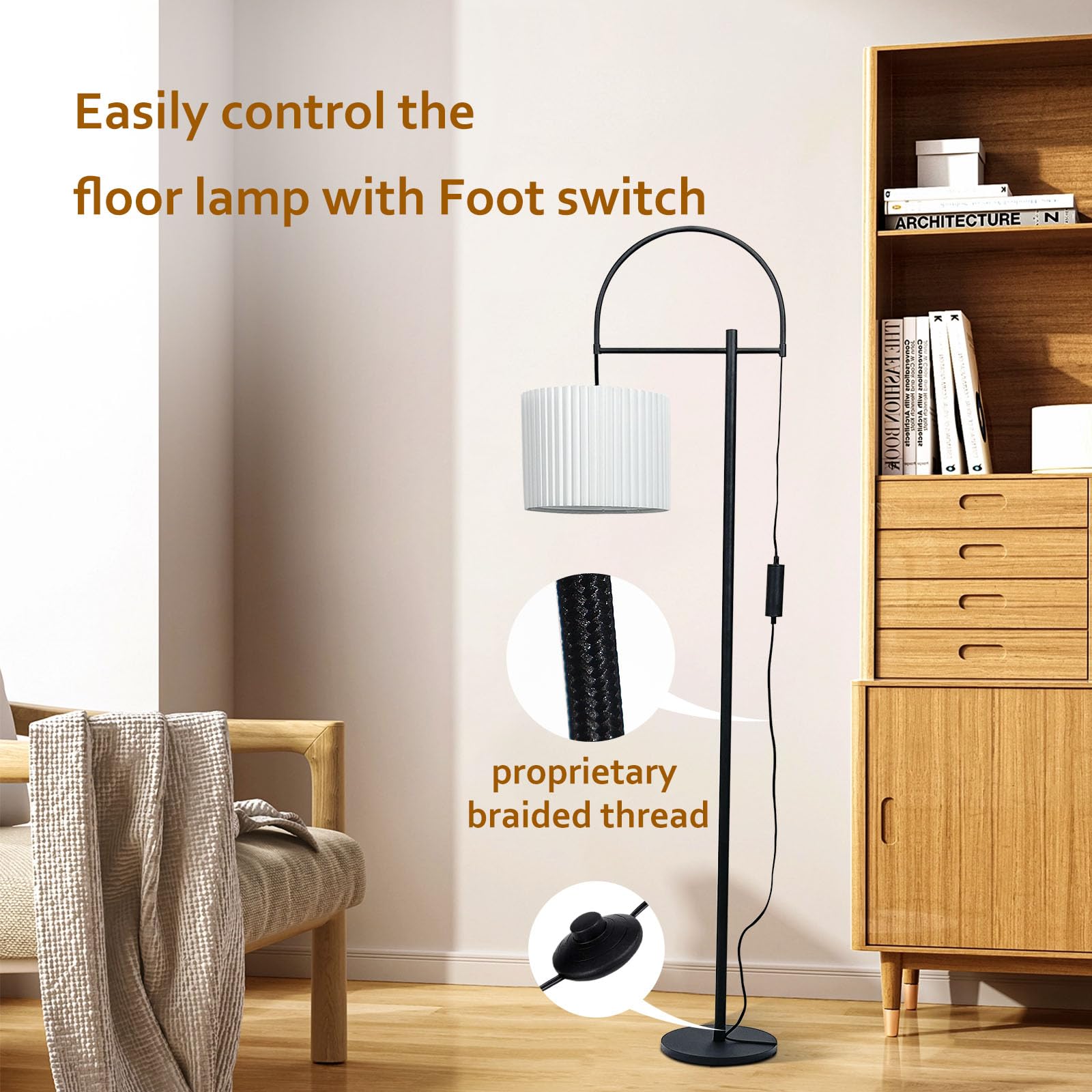 66''Floor Lamp,9W LED Edison Bulbs Included Nordic Design Standing Lamp with Foot Switch with Pleated Shade, Tall Floor Lamp Reading for Living Room Bedroom Office Classroom Dorm Room