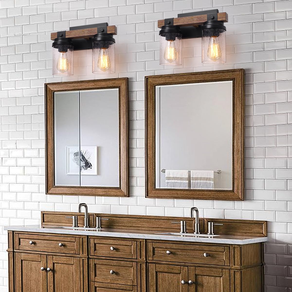 2-Light Farmhouse Vanity Lights for Bathroom, Rustic Bathroom Light Fixtures with Pretty Glass Shade, Black Industrial Wood Grain Wall Sconce for Bathroom Hallway Bedroom