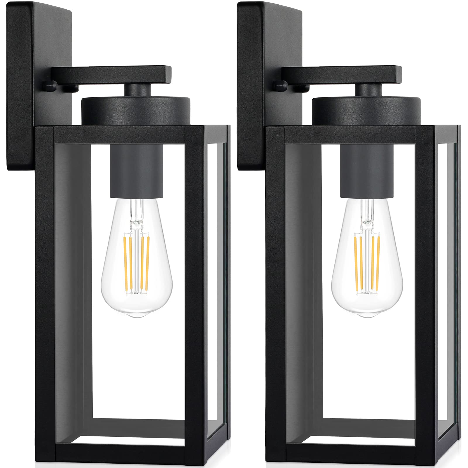 Outdoor Wall Light Fixtures, Exterior Waterproof Lanterns, Porch Sconces Wall Mounted Lighting with E26 Sockets & Glass Shades, Modern Matte Black Wall Lamps for Patio Front Door Entryway, 2-Pack