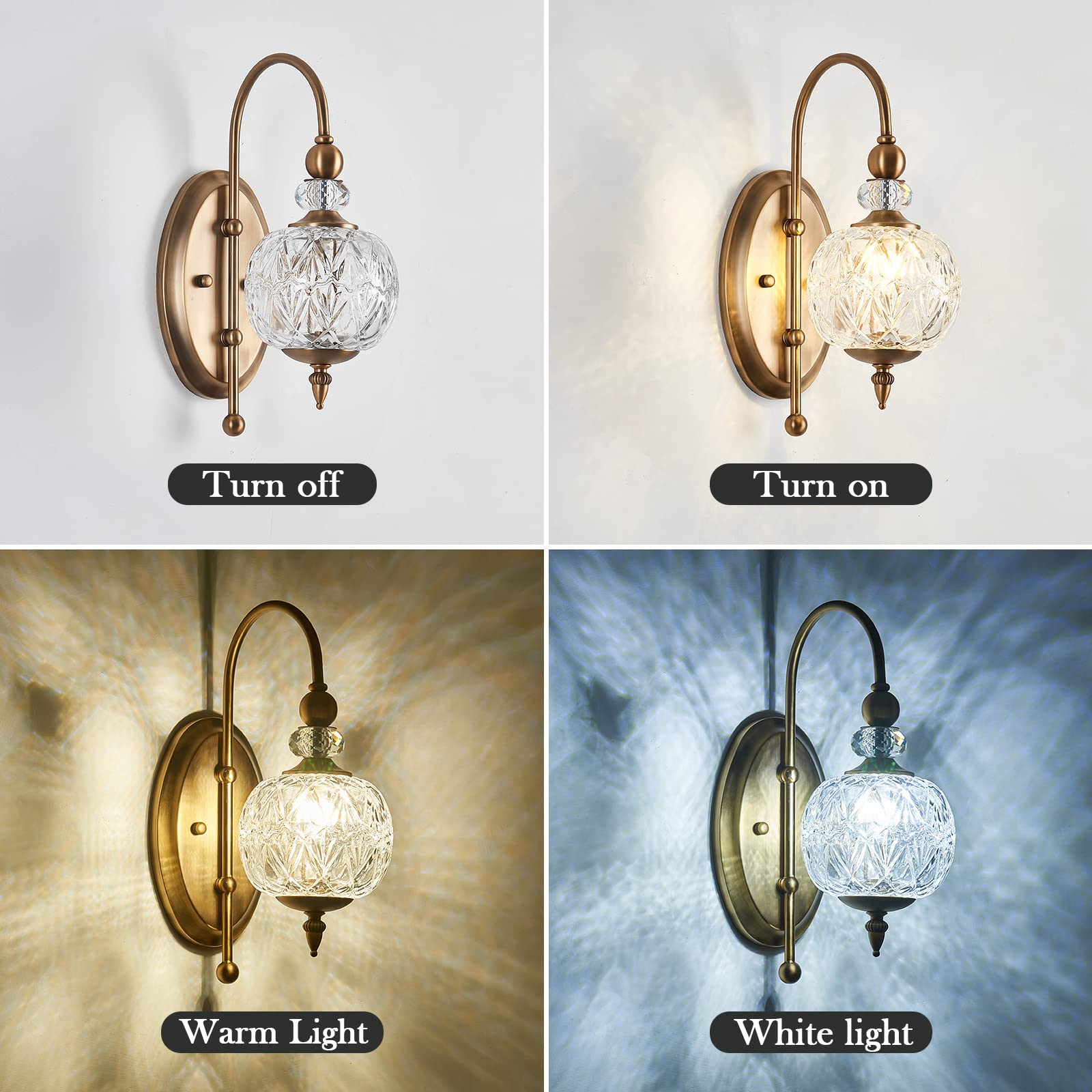 Vintage Gold Wall Sconce with Glass Globe Shade Mid Century Brushed Brass G9 Bulb Vanity Light Indoor Wall Light for Bathroom Farmhouse Bedroom Living Room Hallway