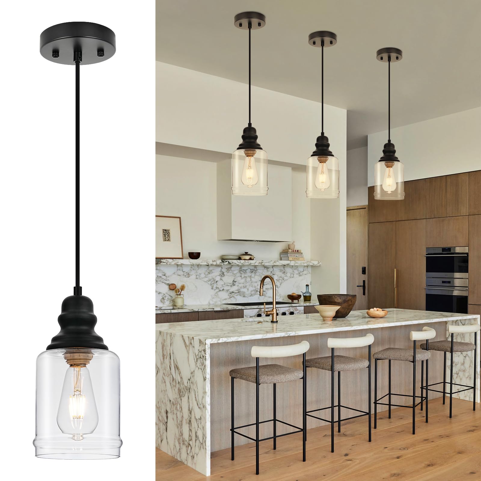 WILON Industrial Pendant Lighting, Pendant Lights for Kitchen Island 3 Light Glass Pendant Light Fixture with Seeded Glass Shade, Adjustable Cord Farmhouse Ceiling Light Black finish Linear Chandelier