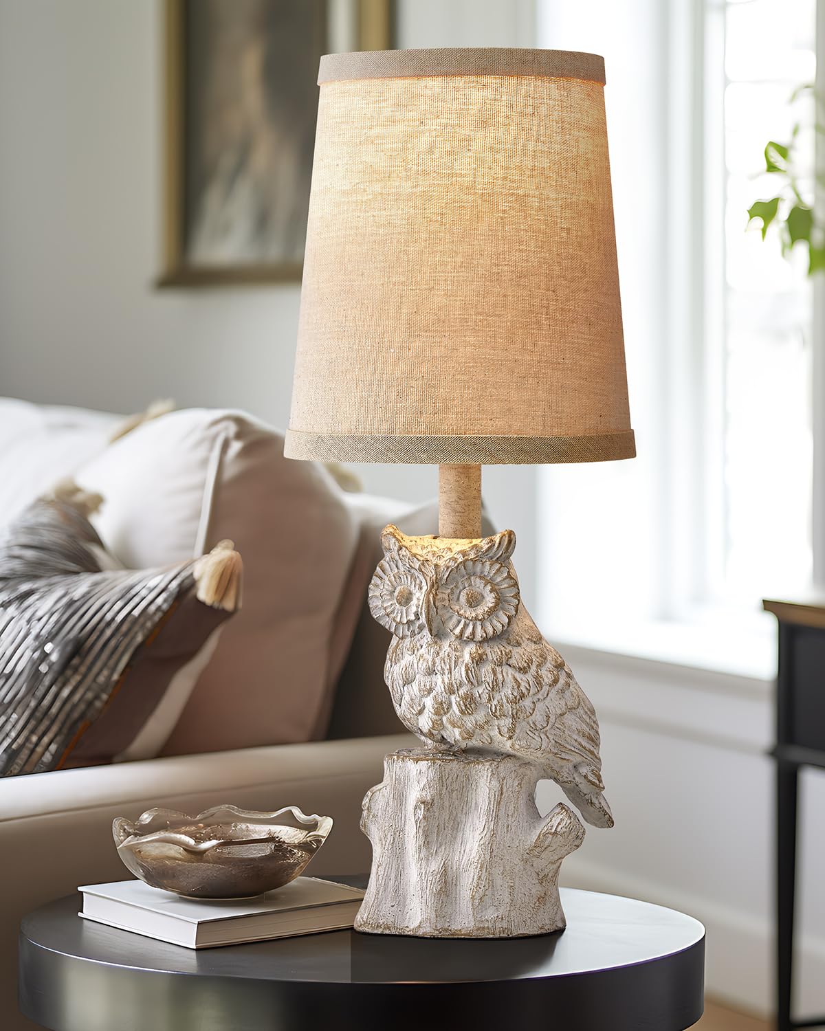 Small Table Lamp for Living Room Farmhouse Bedside Resin Single Lamp with Brown Owl Lamp Shape for Bedroom Retro Rustic Nightstand Lamp