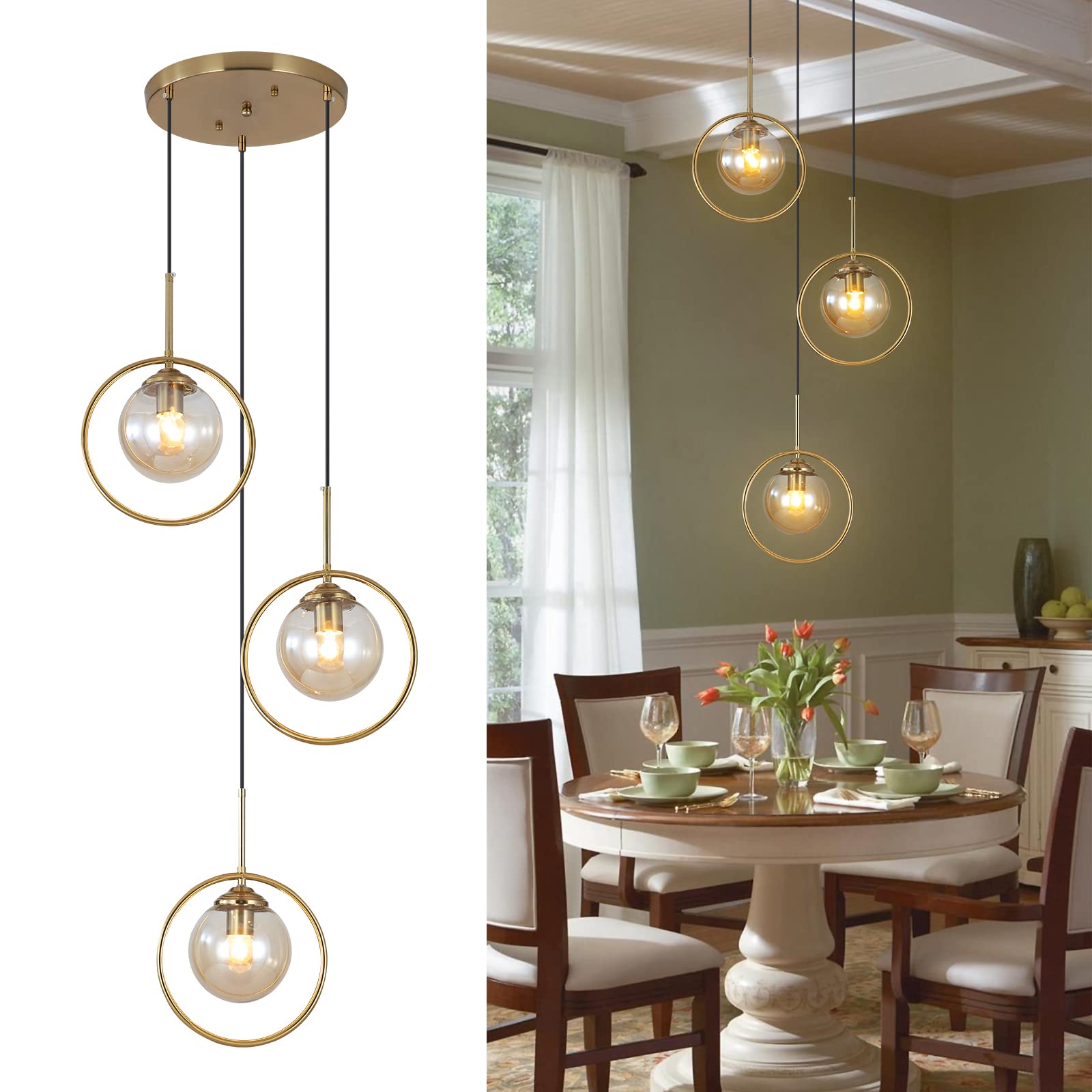 3 Light Pendant Lighting Modern Amber Glass Pendant Light Adjustable Hanging Pendant Lights Ceiling Lighting Fixture for Kitchen Dining Room Living Room Foyer Hallway